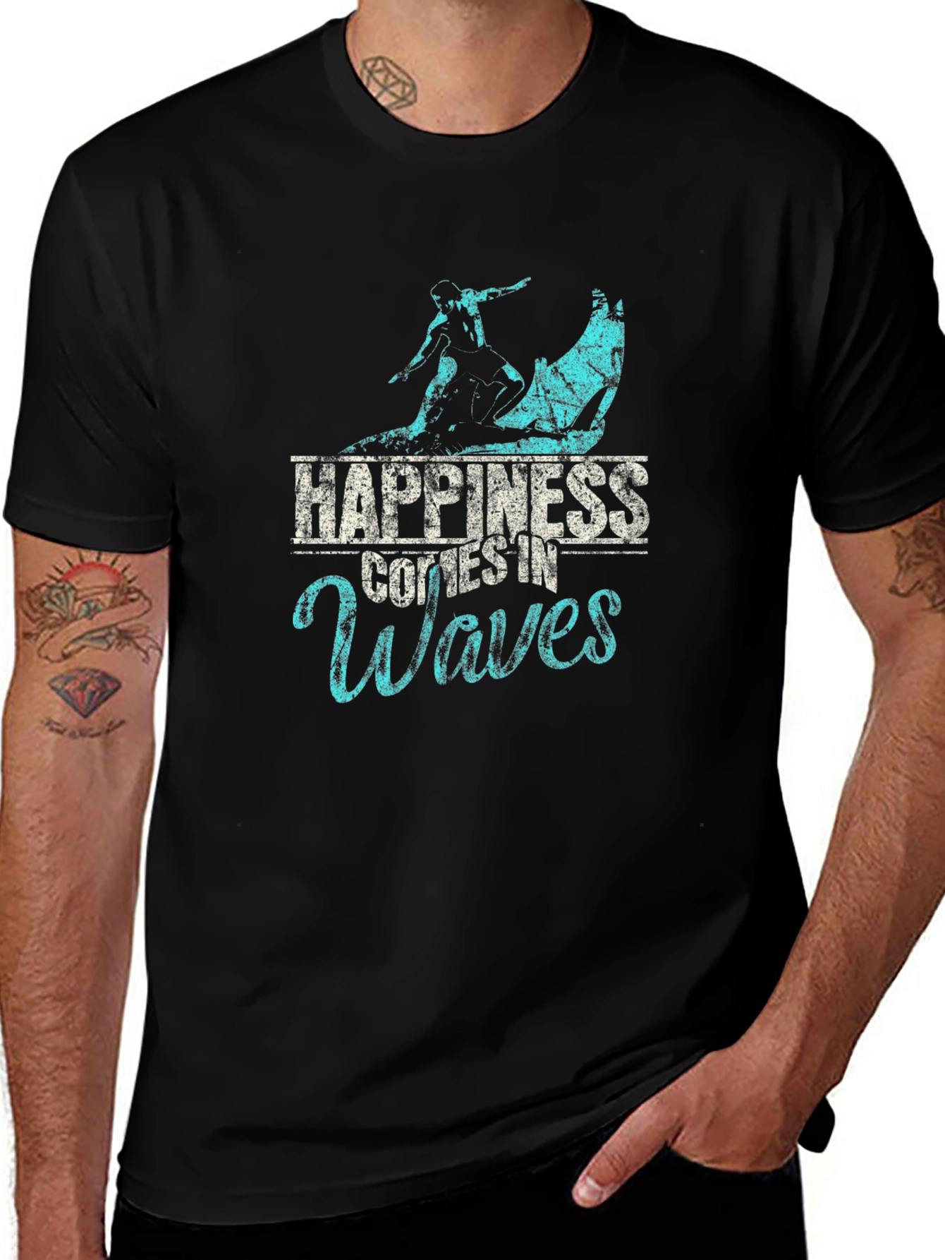 Happiness Comes in Waves Black T-Shirt
