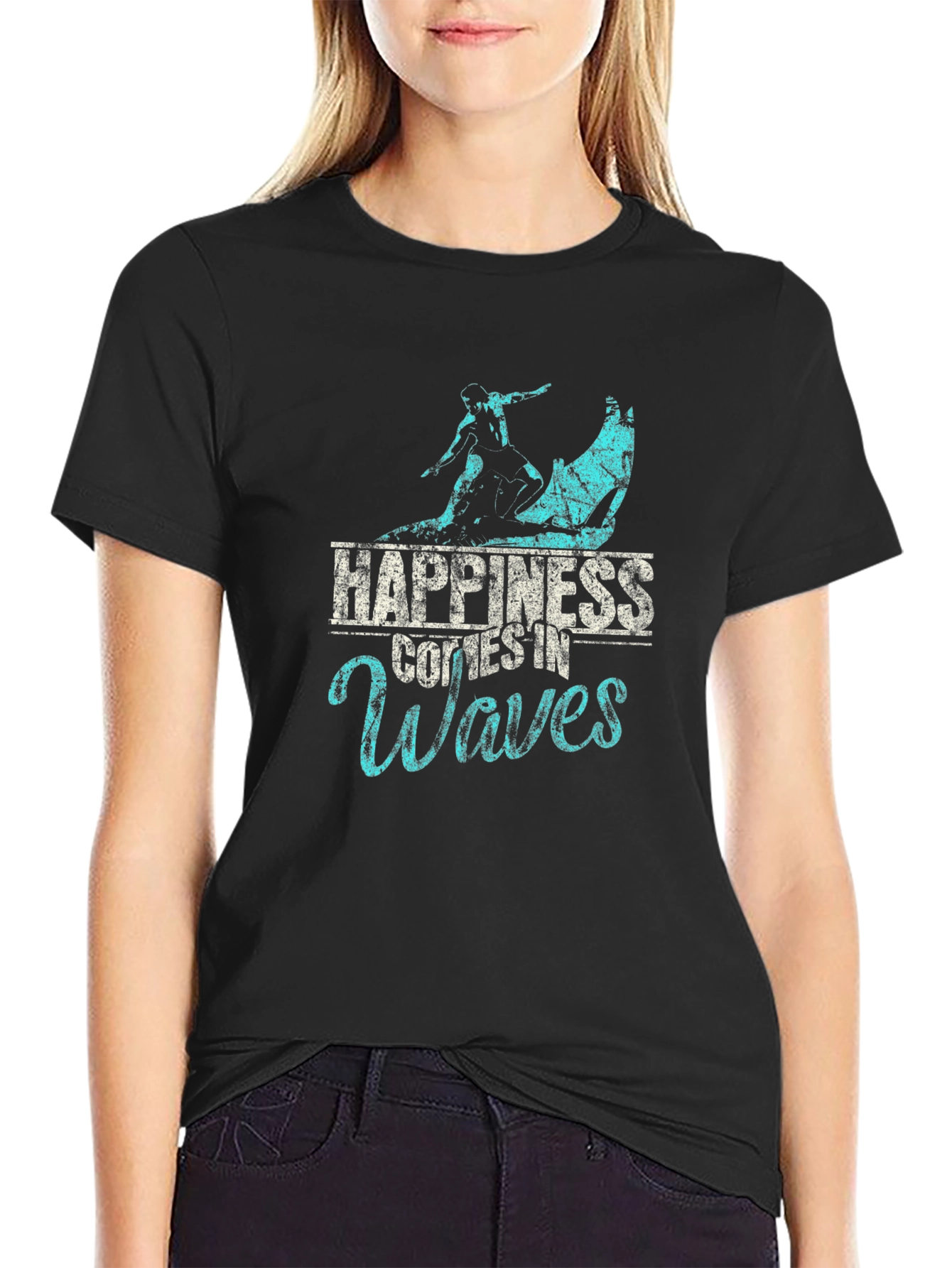 Happiness Comes in Waves Black T-Shirt
