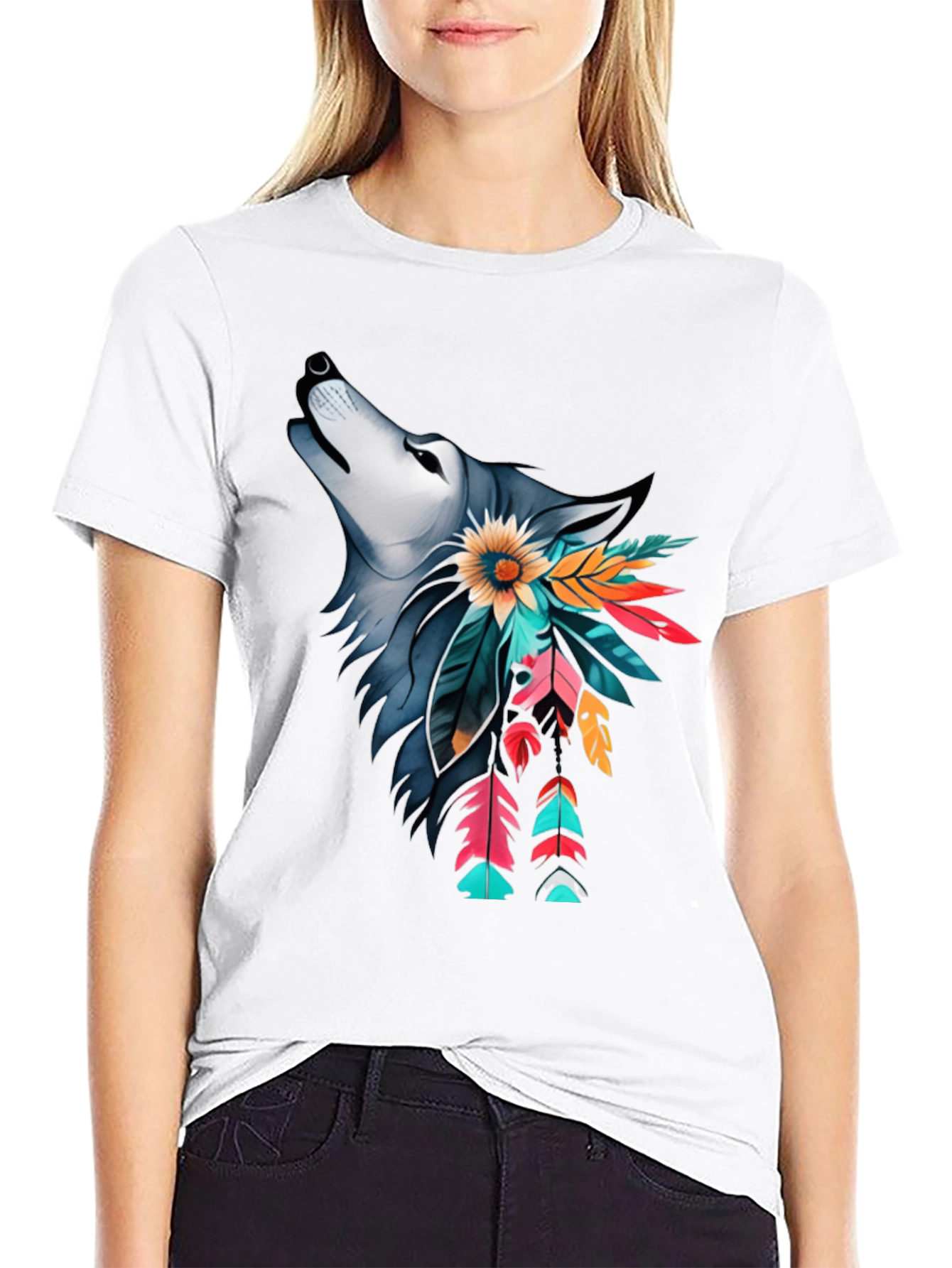 Wolf & Feather Graphic Print Black T-Shirt