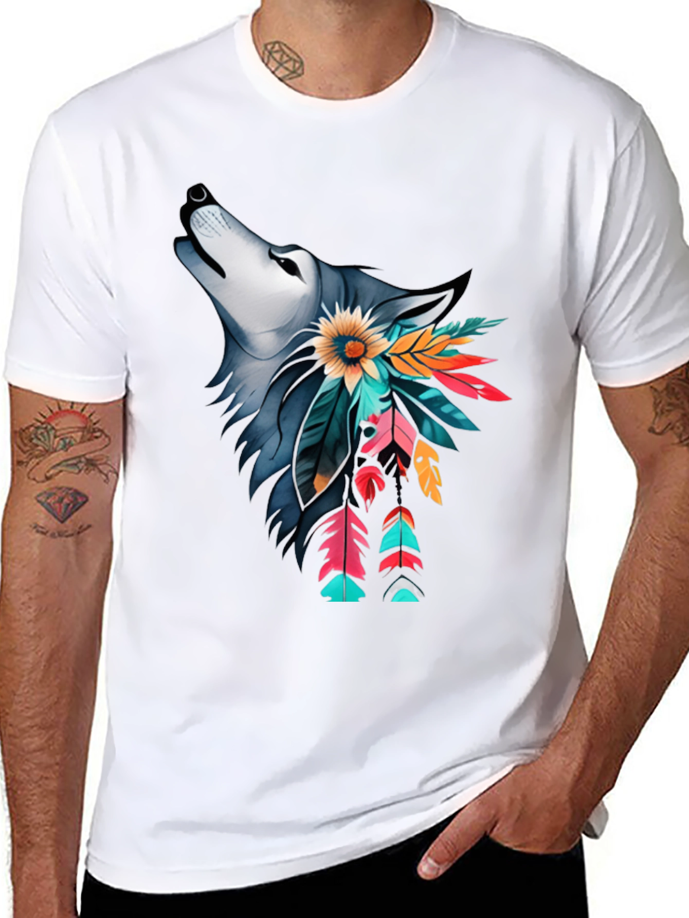 Wolf & Feather Graphic Print Black T-Shirt