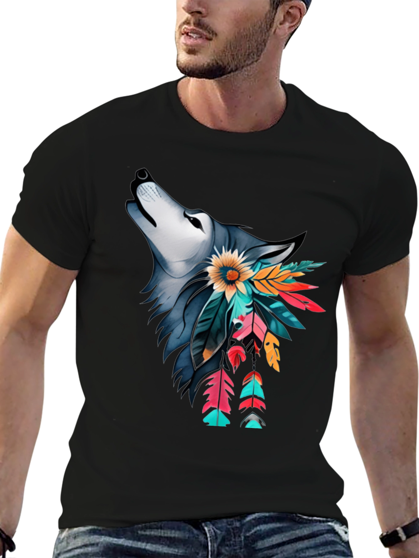 Wolf & Feather Graphic Print Black T-Shirt