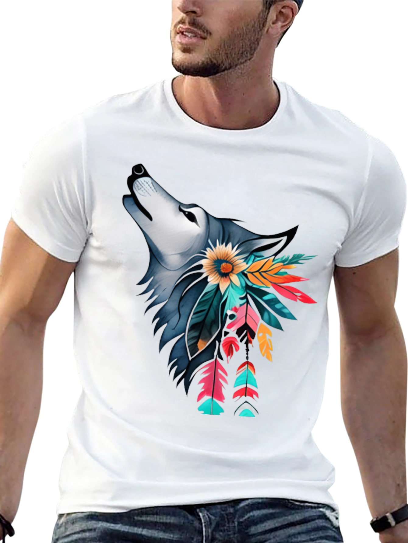 Wolf & Feather Graphic Print Black T-Shirt