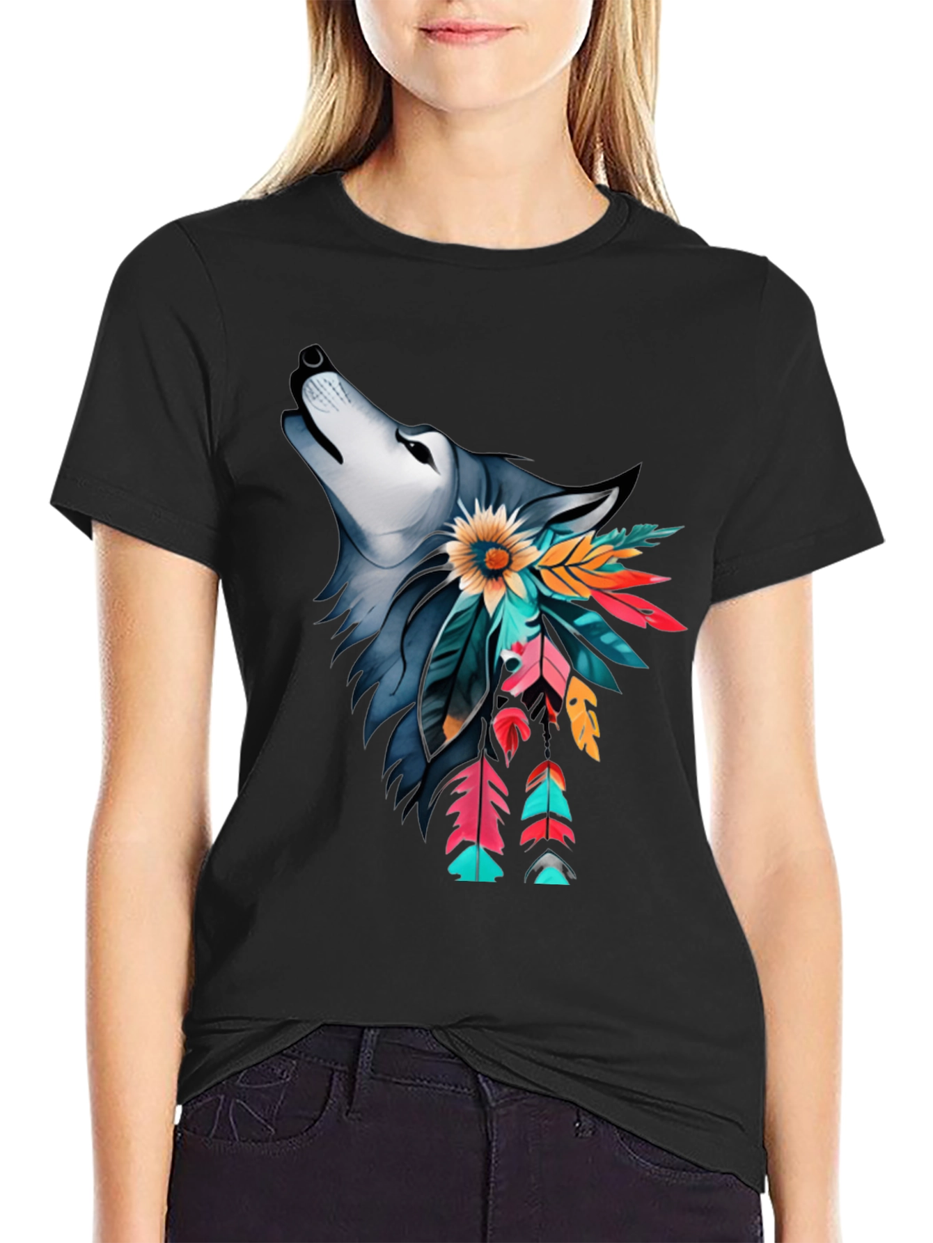 Wolf & Feather Graphic Print Black T-Shirt