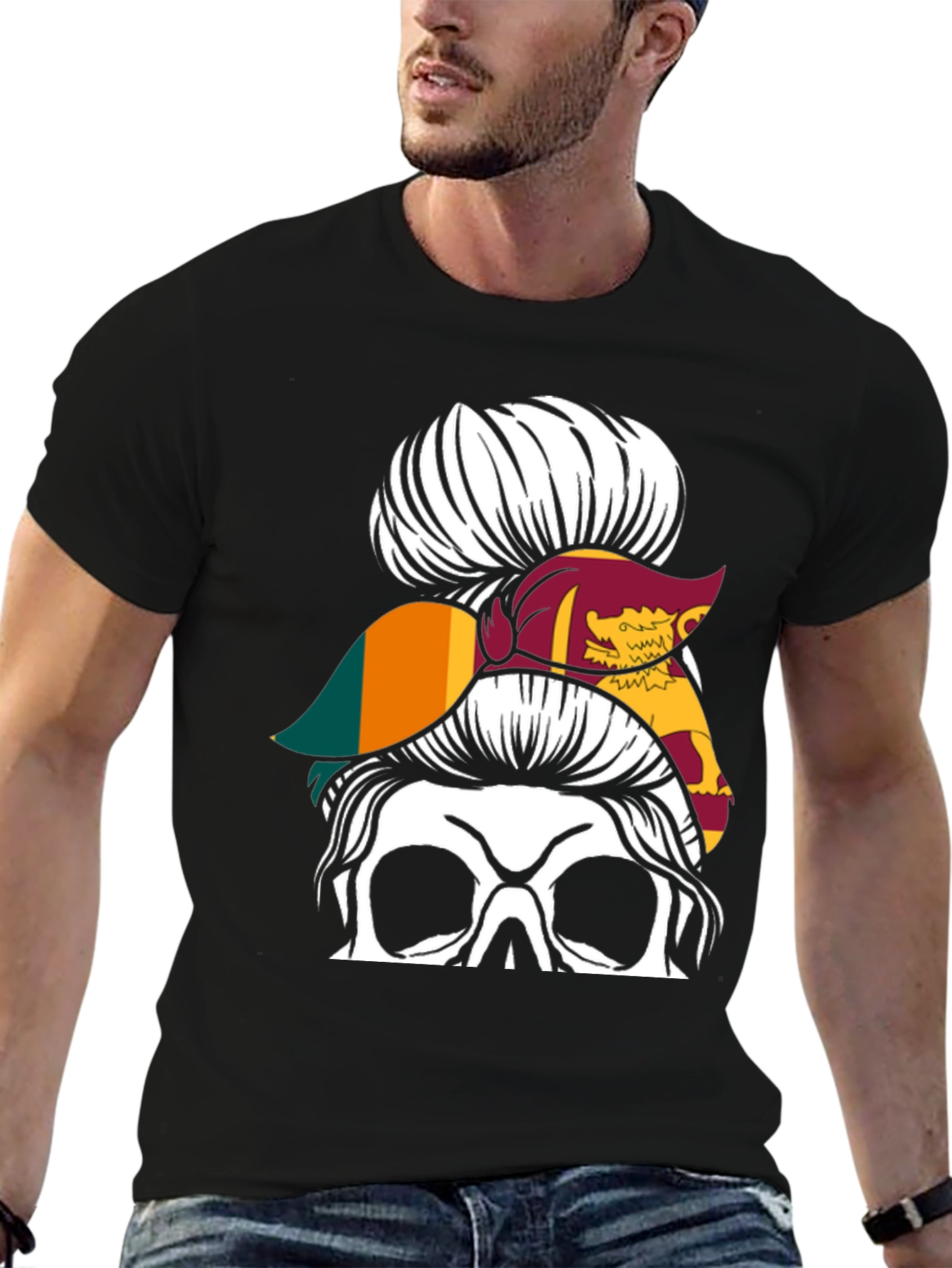 Sri Lanka Flag Messy Bun Skull T-Shirt