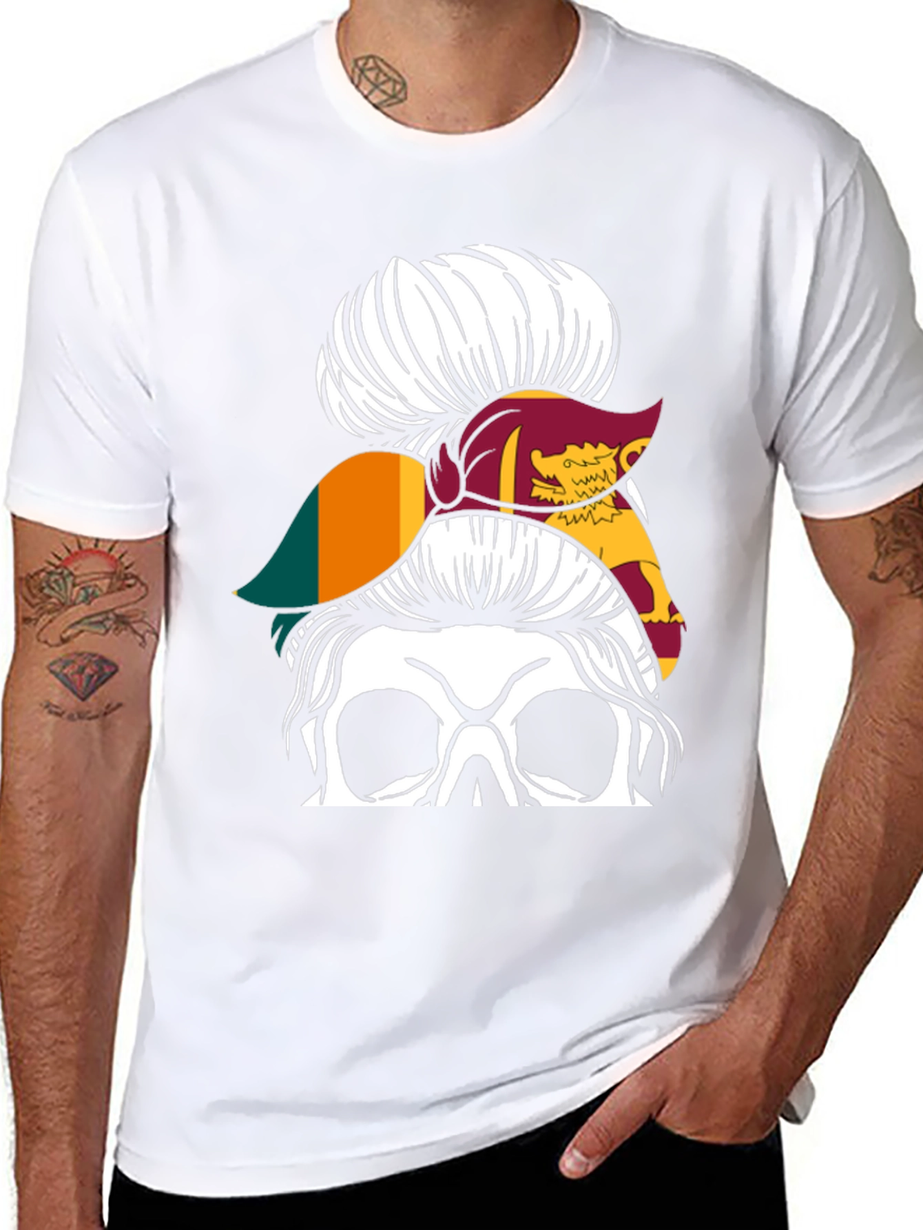 Sri Lanka Flag Messy Bun Skull T-Shirt