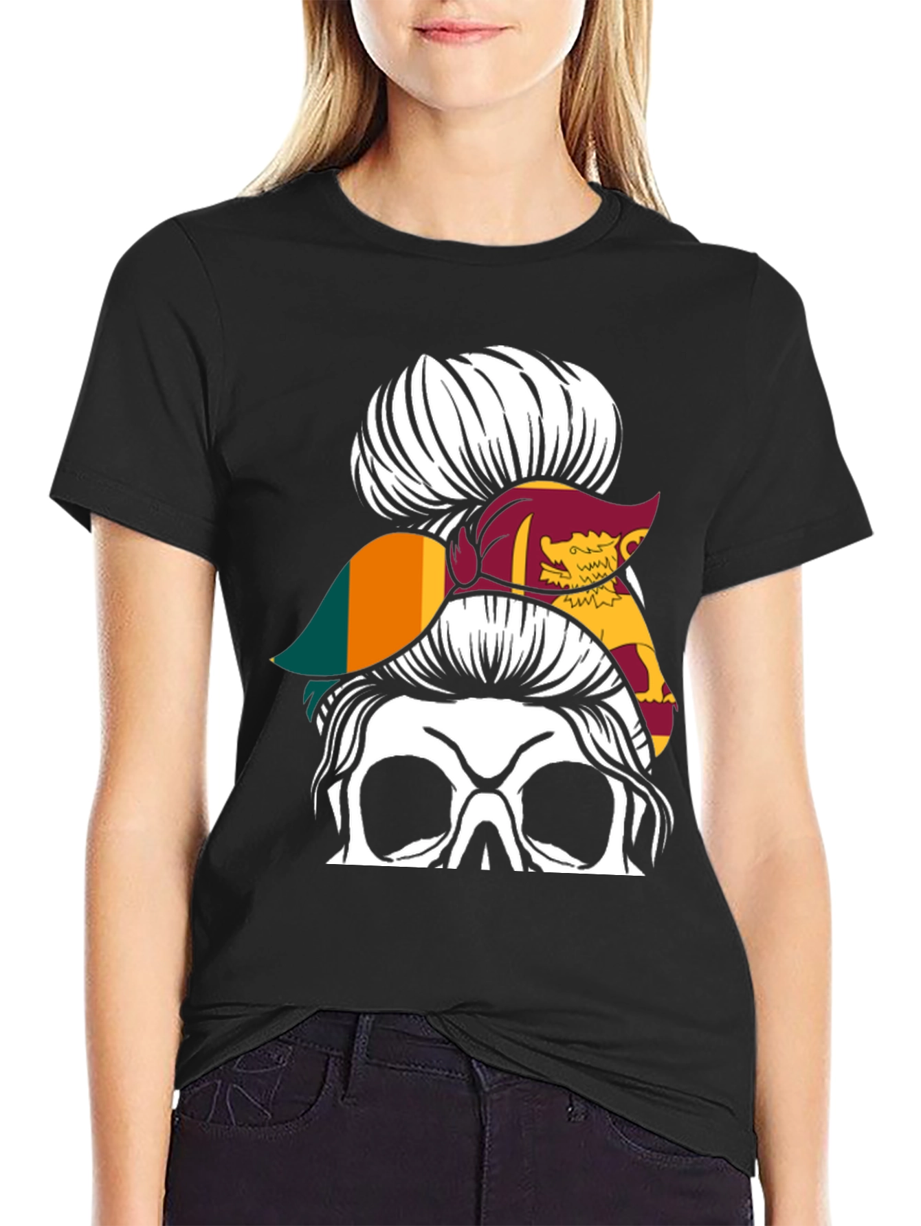 Sri Lanka Flag Messy Bun Skull T-Shirt