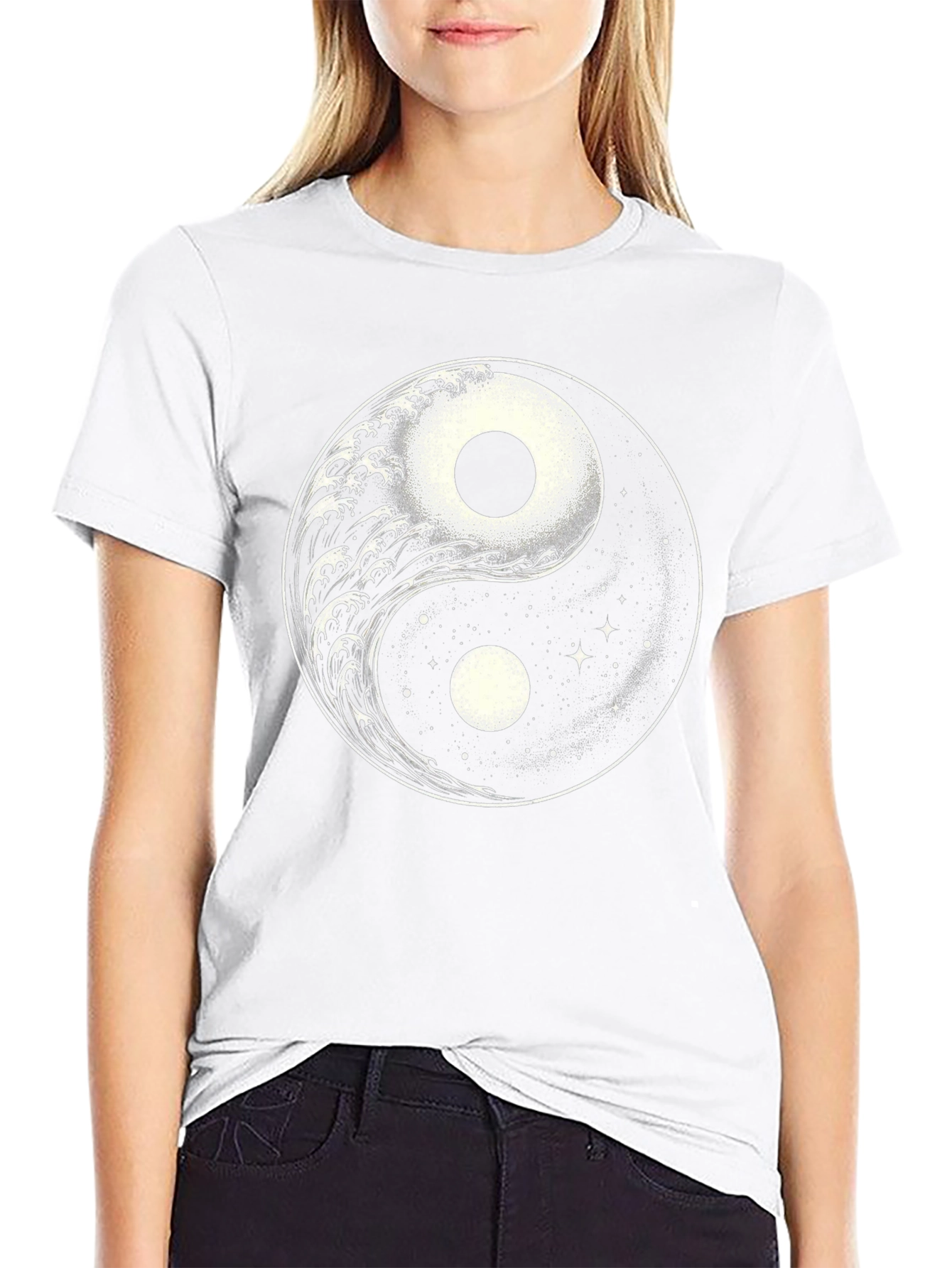 Yin Yang Wave & Stars Graphic T-Shirt - Black