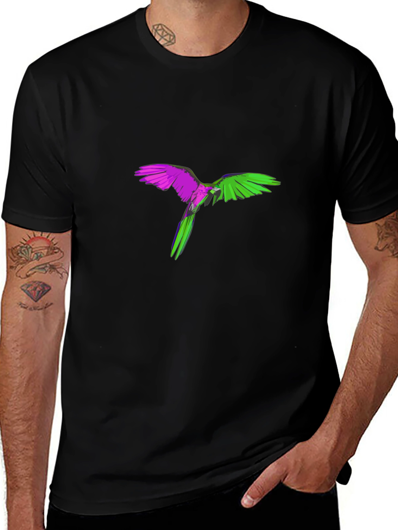 Vibrant Parrot Graphic Black T-Shirt