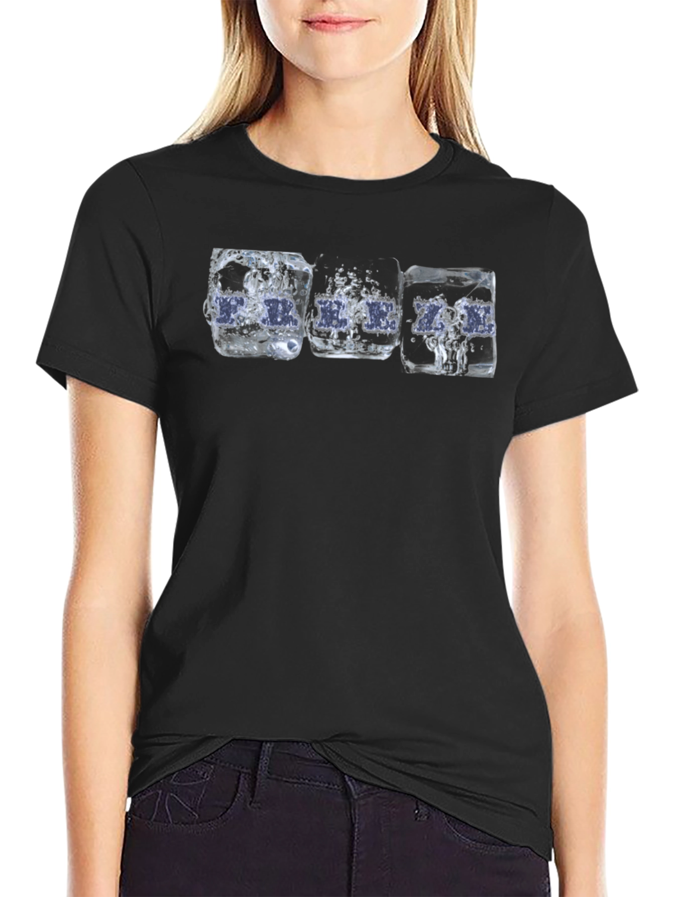 Cool Ice Cube Drink Print Black T-Shirt