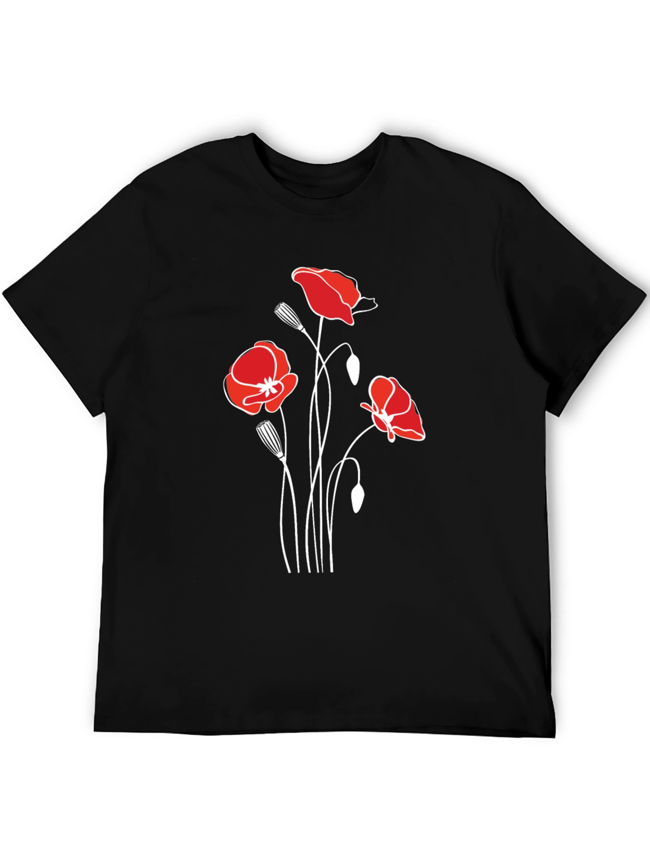 Poppy Print Black T-Shirt - Stylish Floral Design