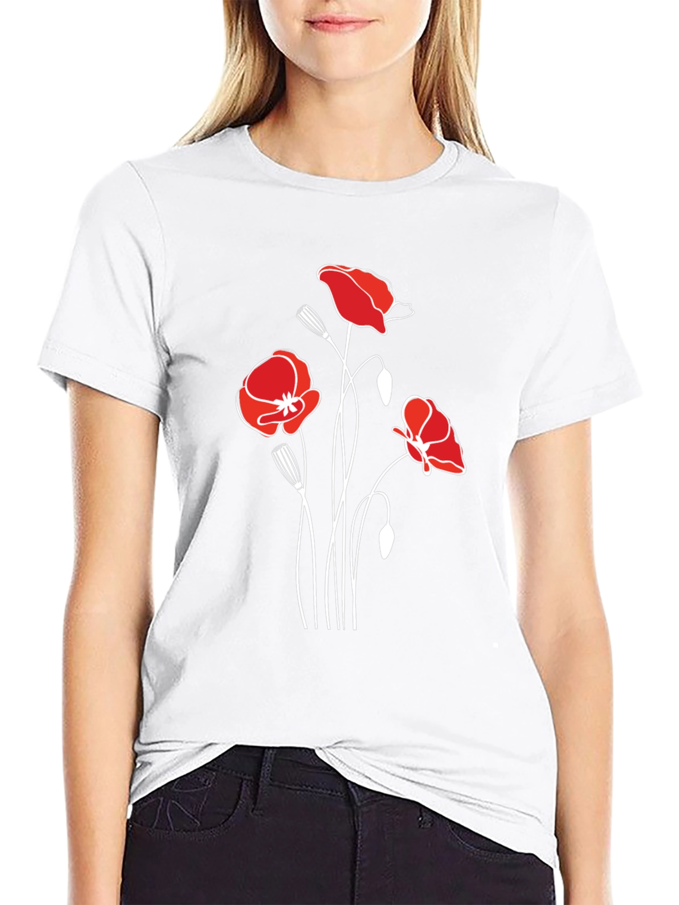 Poppy Print Black T-Shirt - Stylish Floral Design
