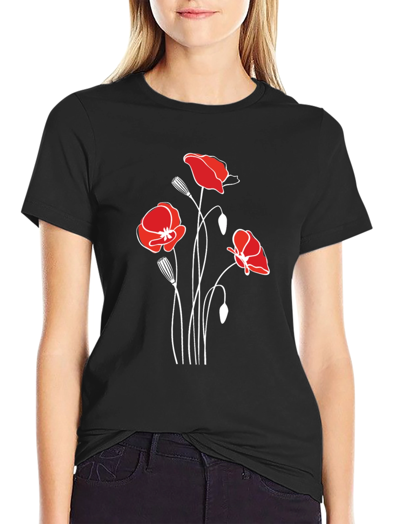 Poppy Print Black T-Shirt - Stylish Floral Design