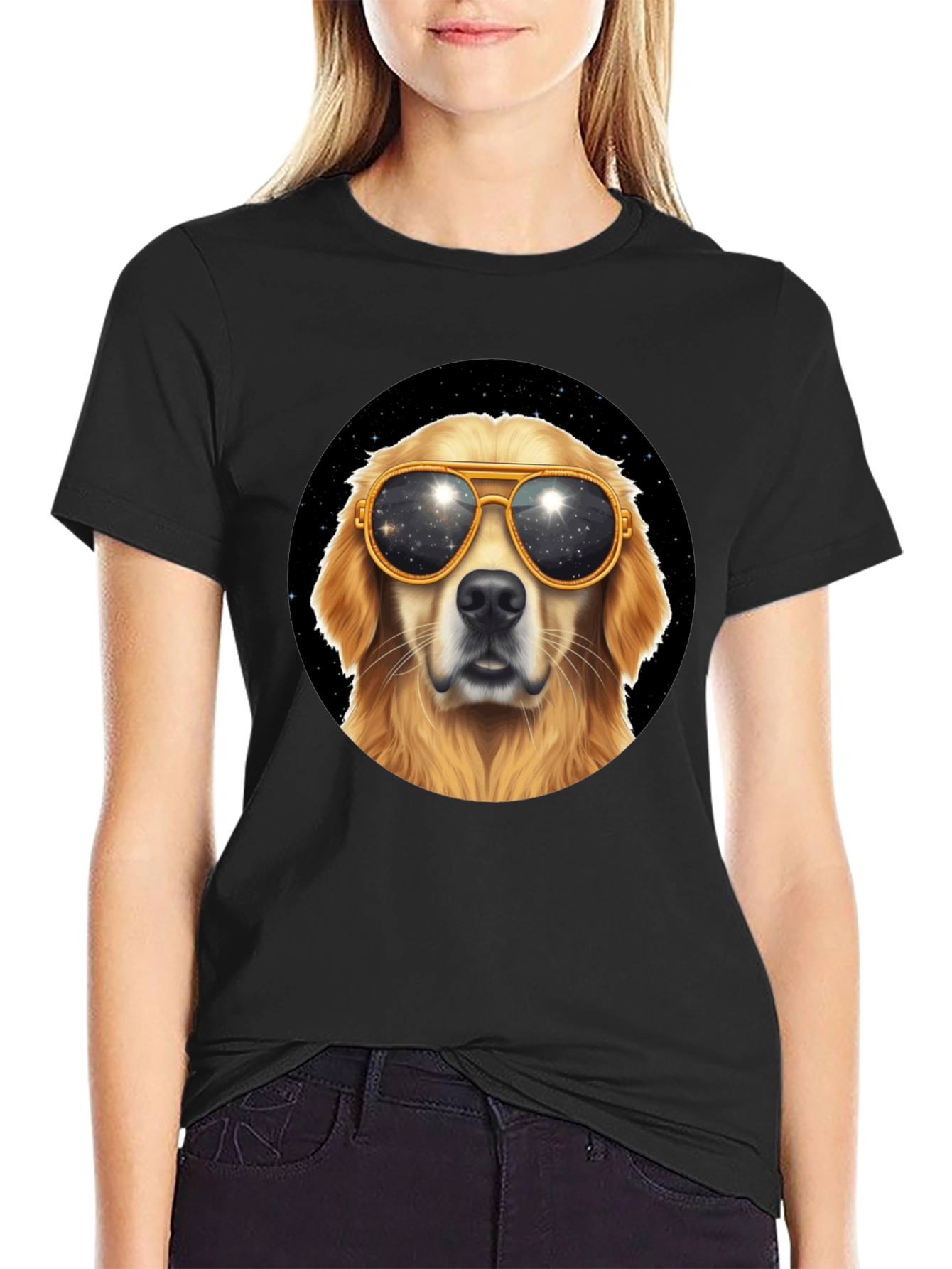 Cool Dog Tee - Golden Retriever Sunglasses Space Design