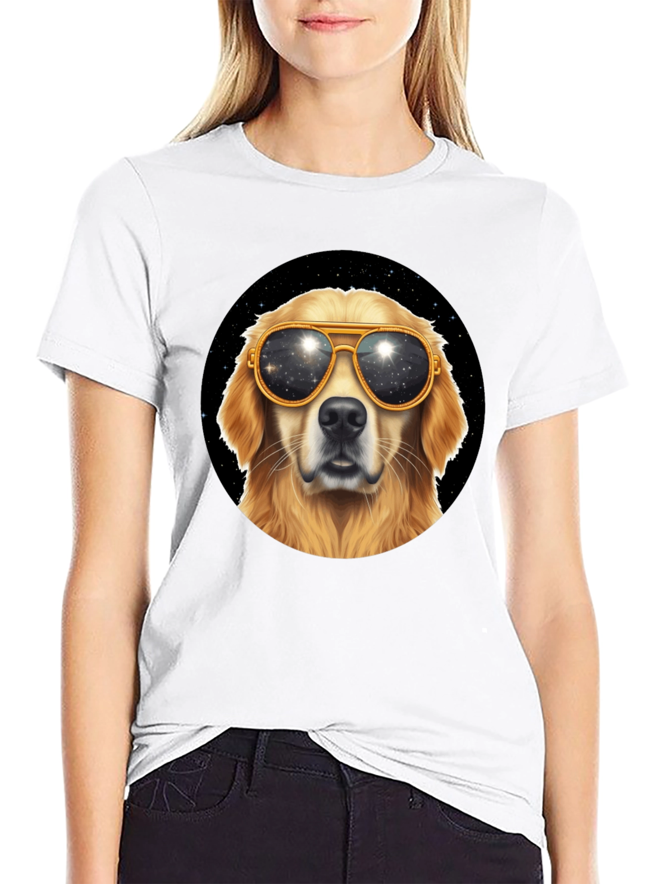 Cool Dog Tee - Golden Retriever Sunglasses Space Design