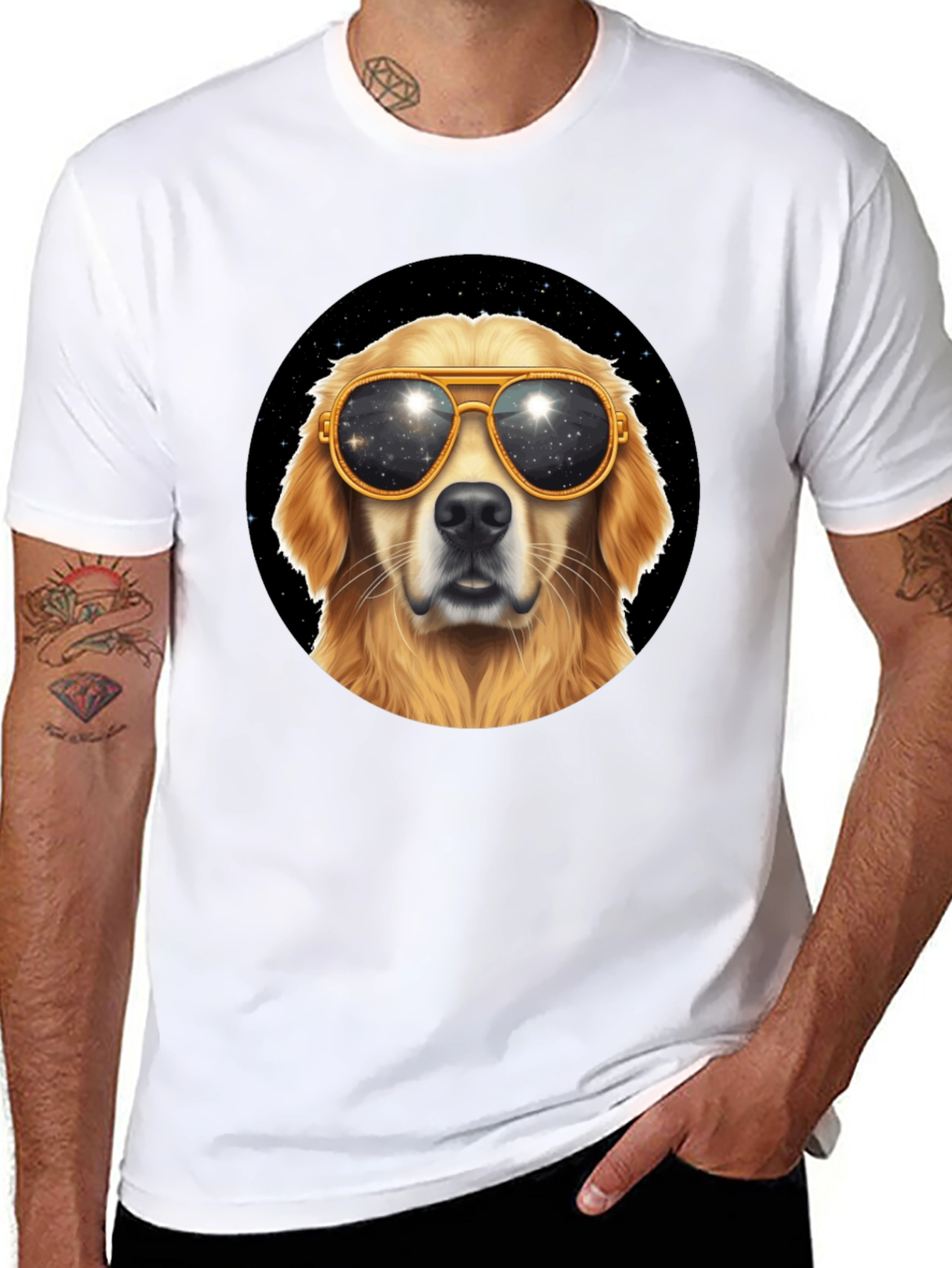Cool Dog Tee - Golden Retriever Sunglasses Space Design
