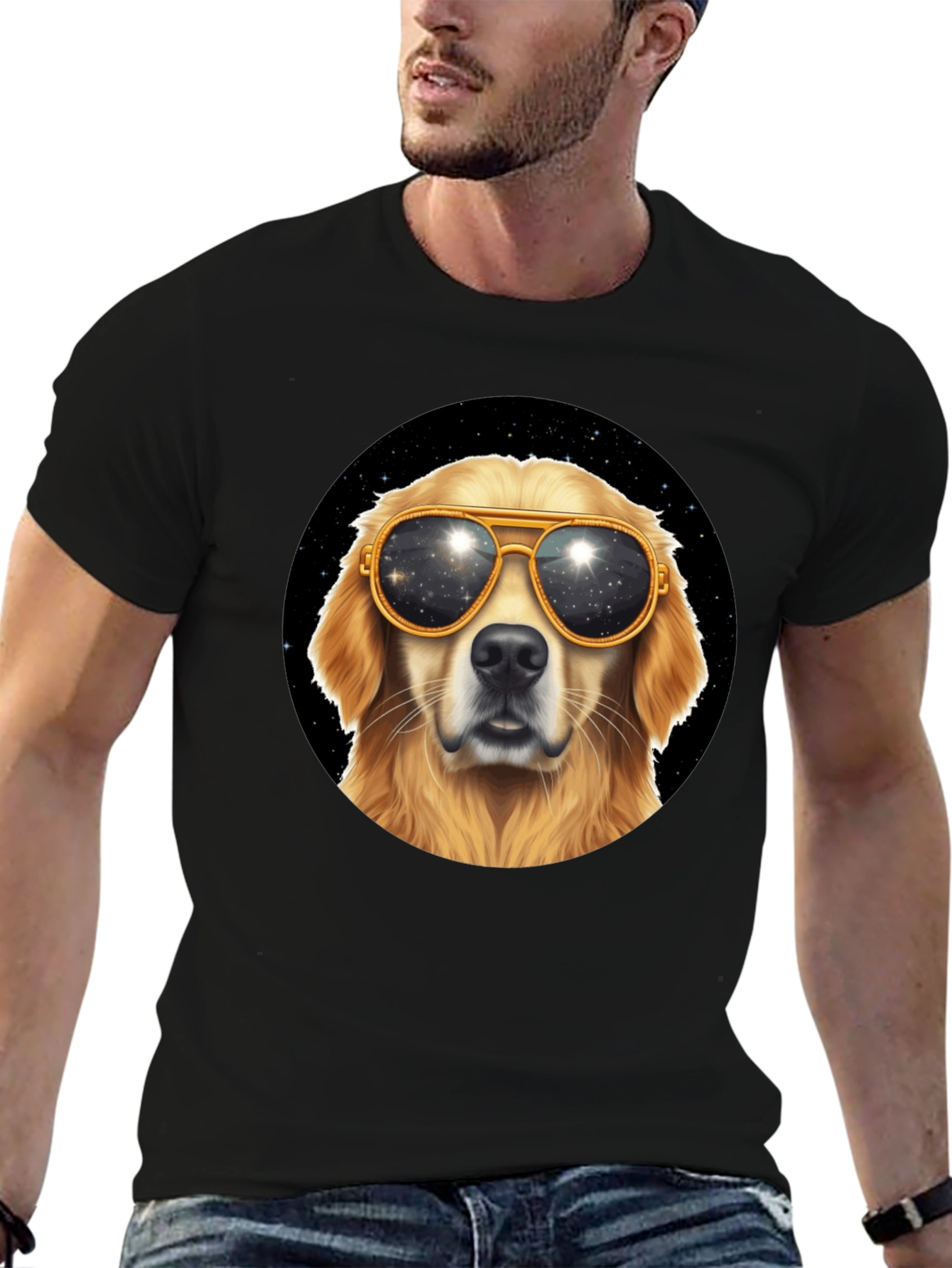 Cool Dog Tee - Golden Retriever Sunglasses Space Design