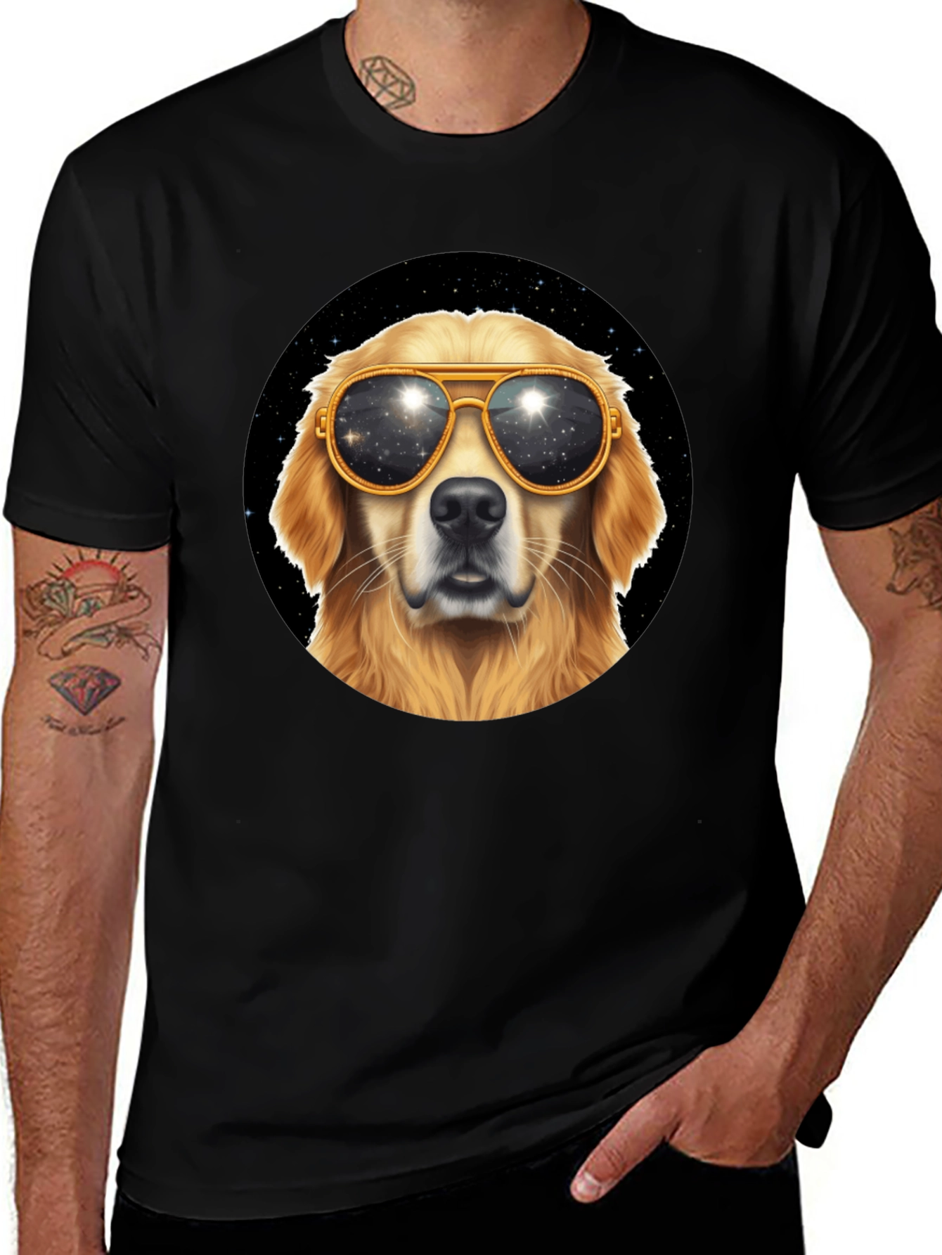 Cool Dog Tee - Golden Retriever Sunglasses Space Design