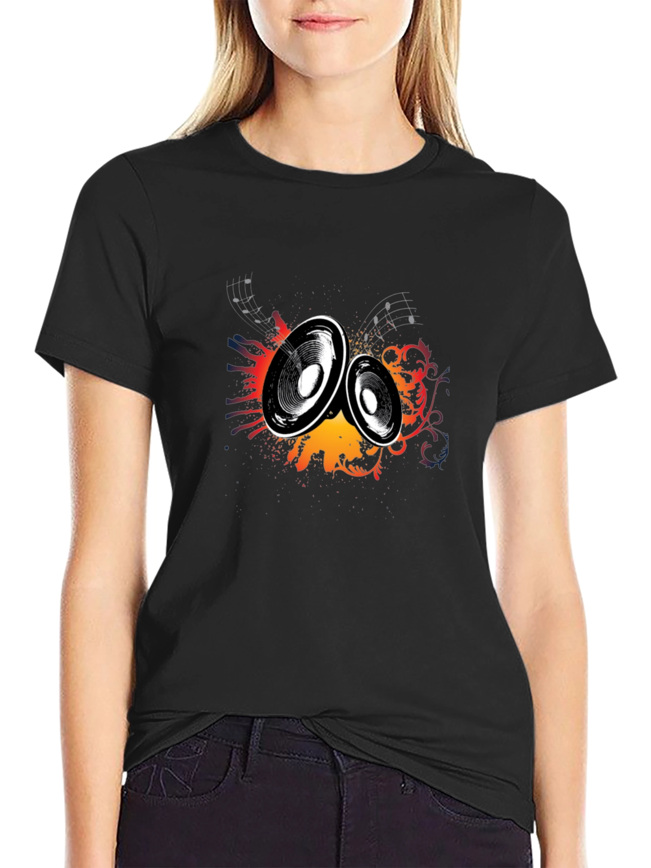 Black T-Shirt with Music Speaker Graphic Print