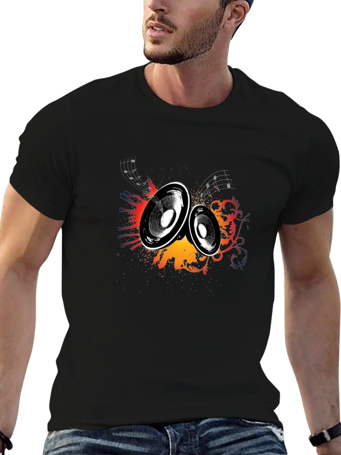 Black T-Shirt with Music Speaker Graphic Print