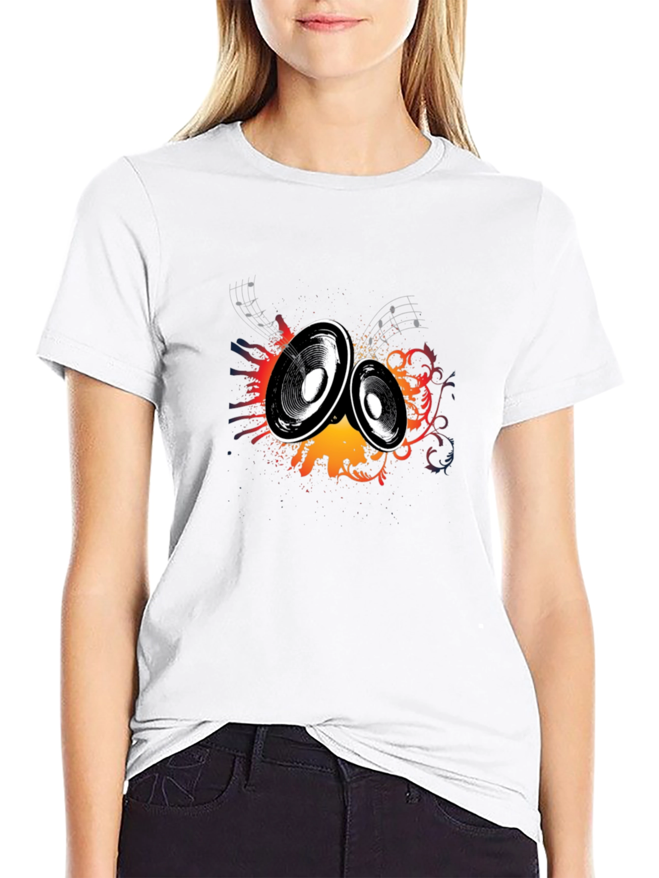 Black T-Shirt with Music Speaker Graphic Print