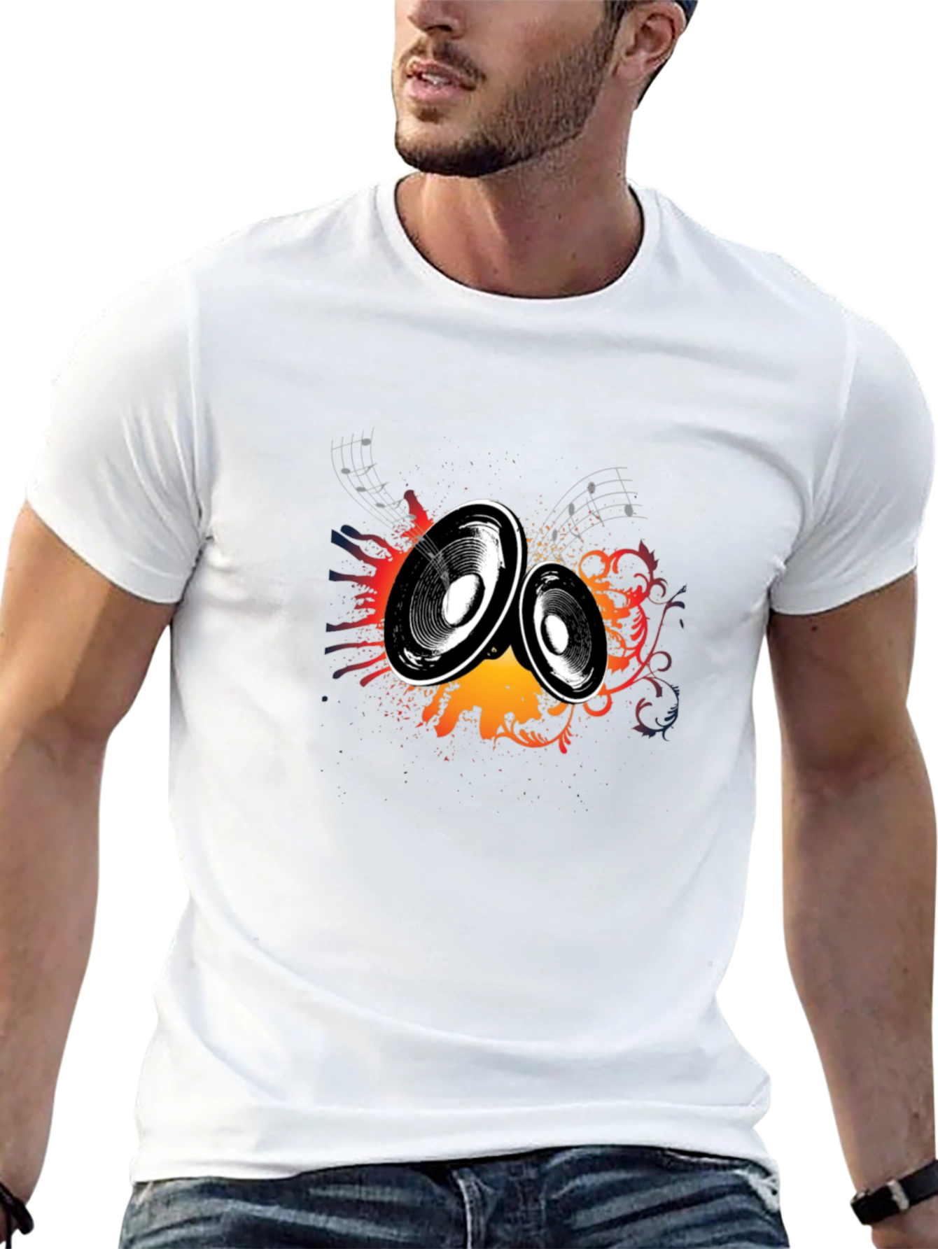 Black T-Shirt with Music Speaker Graphic Print