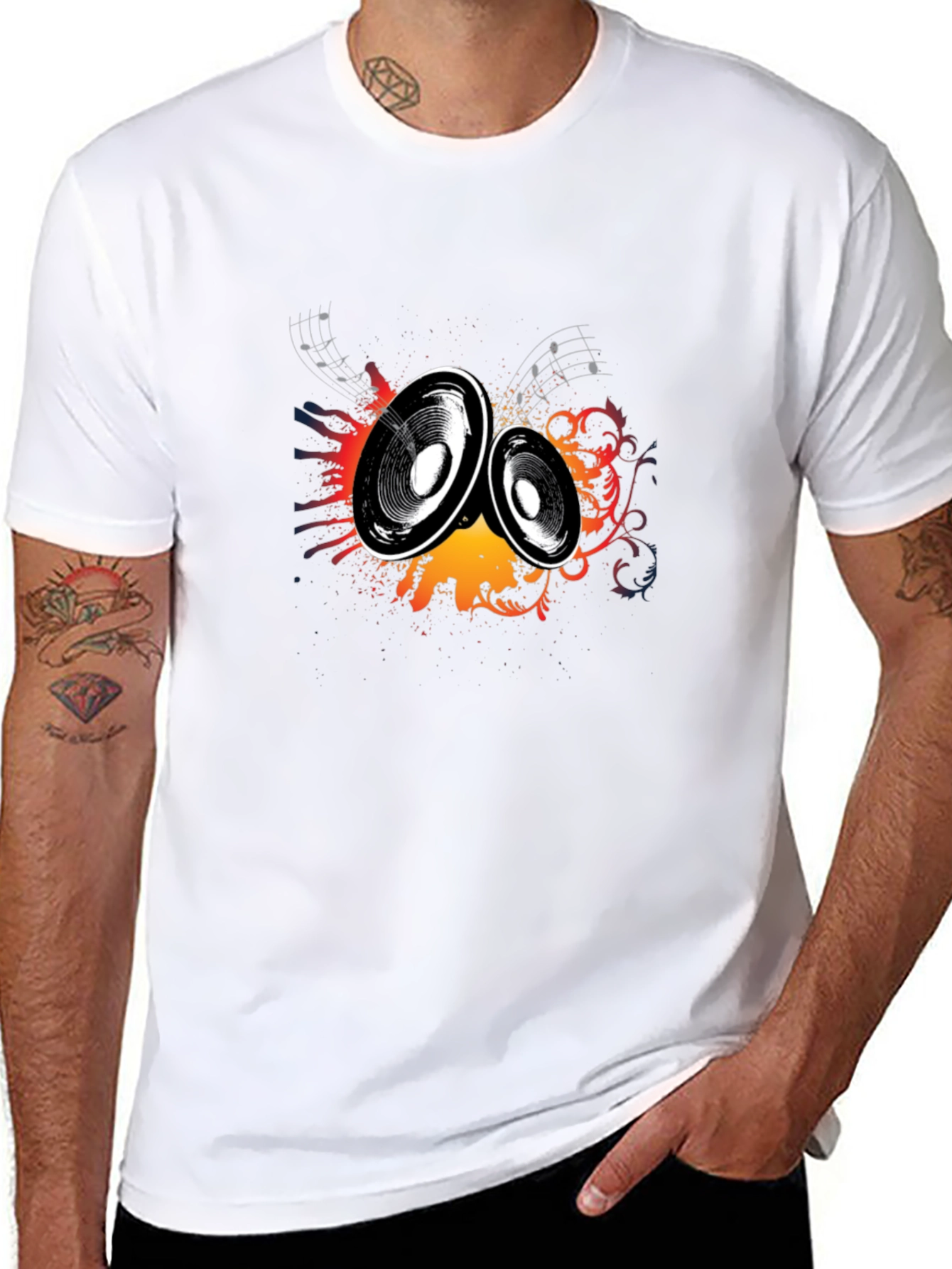 Black T-Shirt with Music Speaker Graphic Print