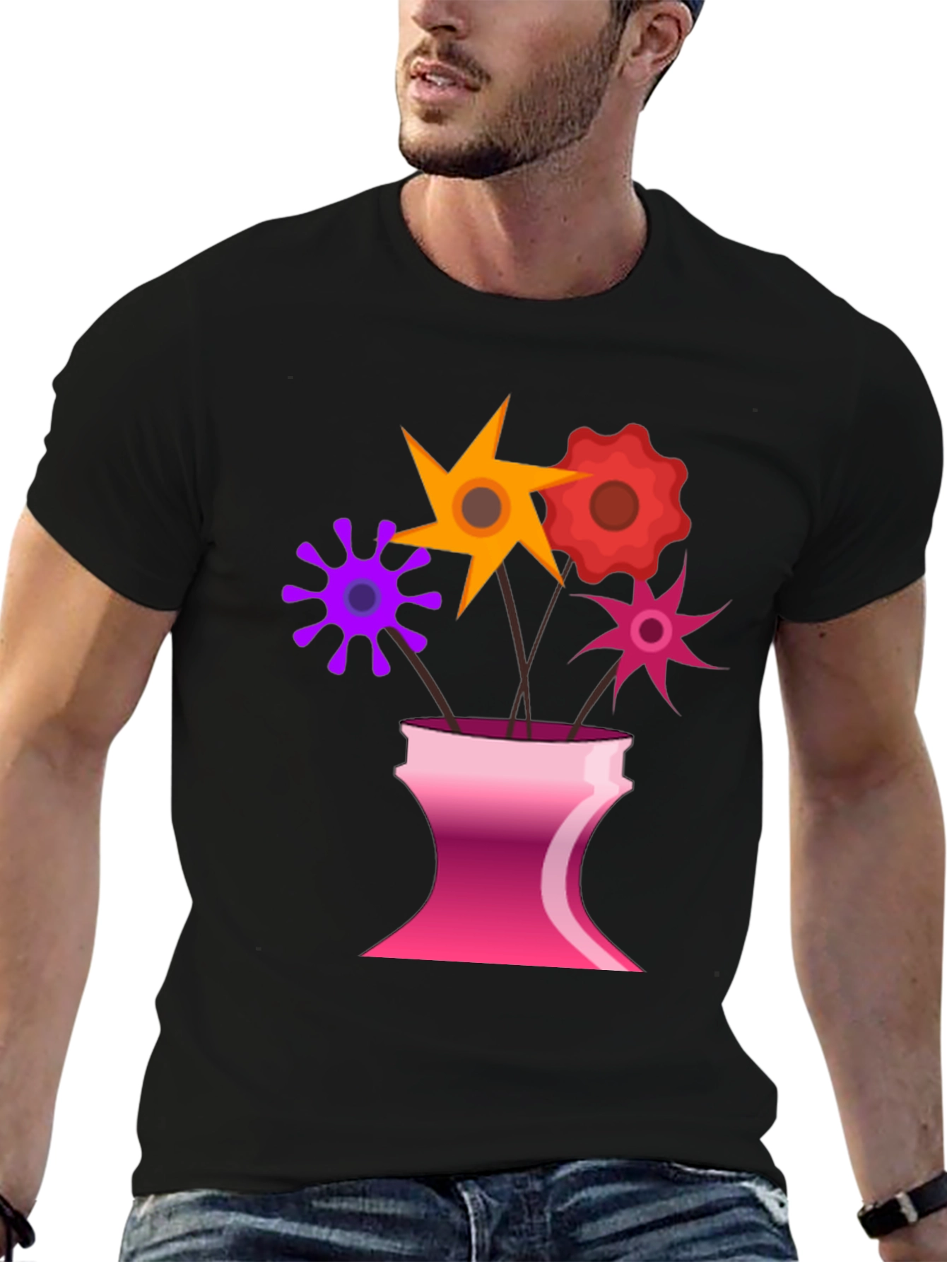 Floral Vase Graphic Tee - Black Casual T-Shirt
