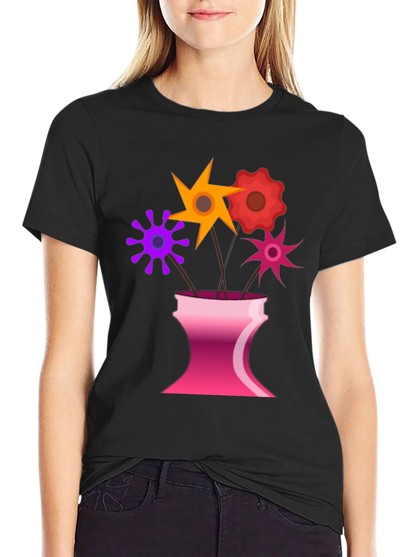 Floral Vase Graphic Tee - Black Casual T-Shirt