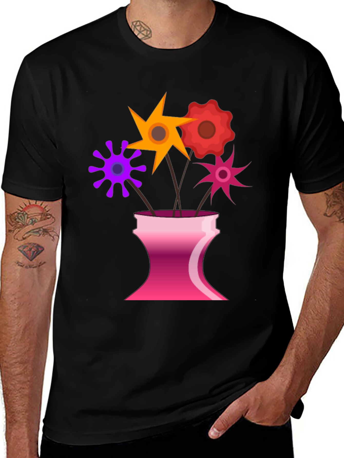 Floral Vase Graphic Tee - Black Casual T-Shirt