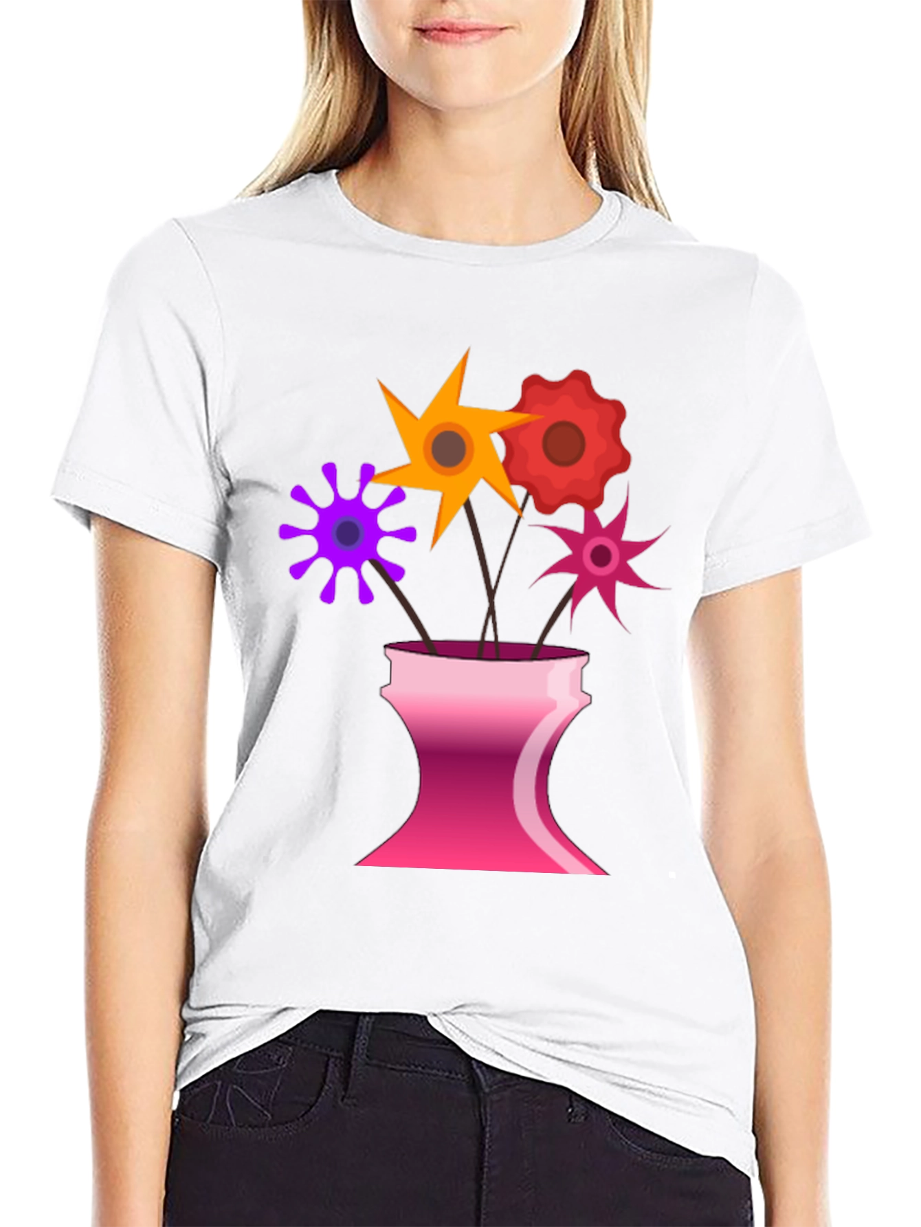 Floral Vase Graphic Tee - Black Casual T-Shirt