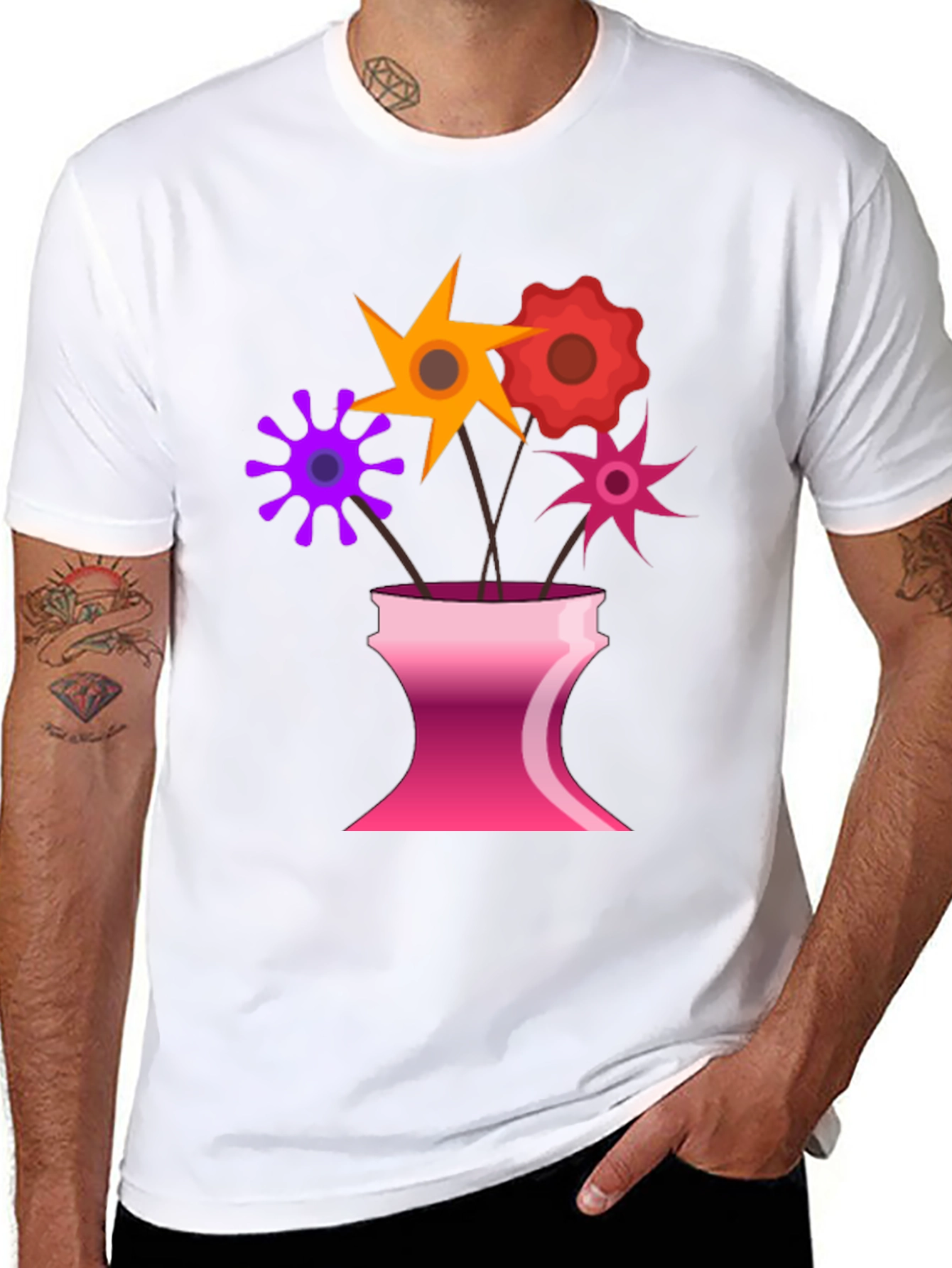 Floral Vase Graphic Tee - Black Casual T-Shirt