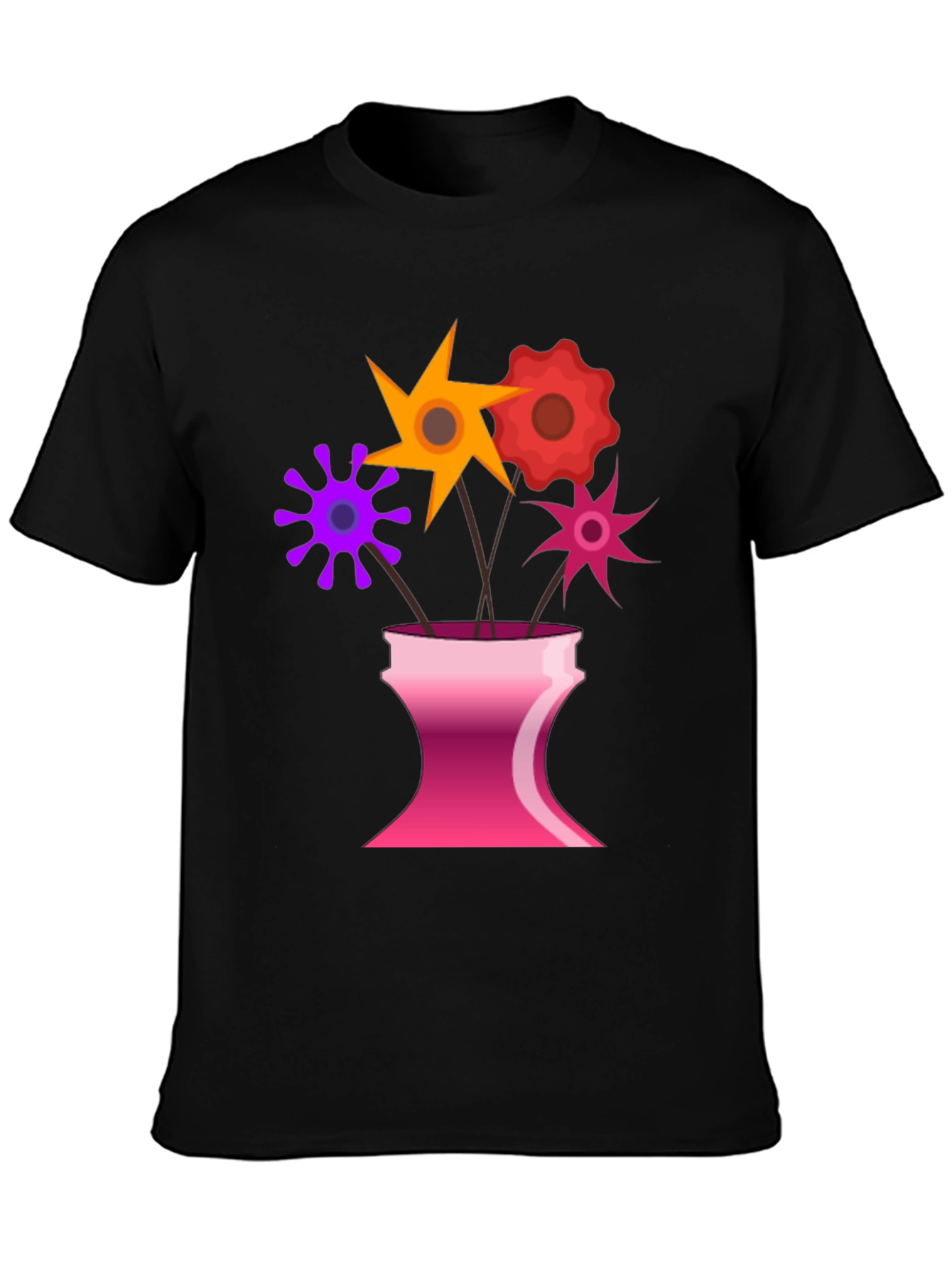 Floral Vase Graphic Tee - Black Casual T-Shirt