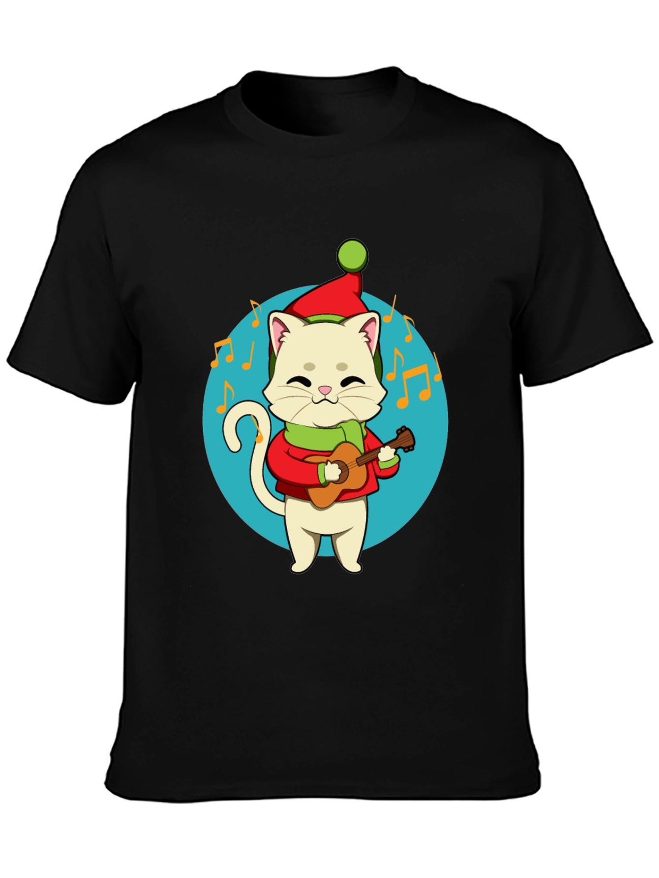 Festive Cat Guitarist Graphic Tee - Holiday Cheer!