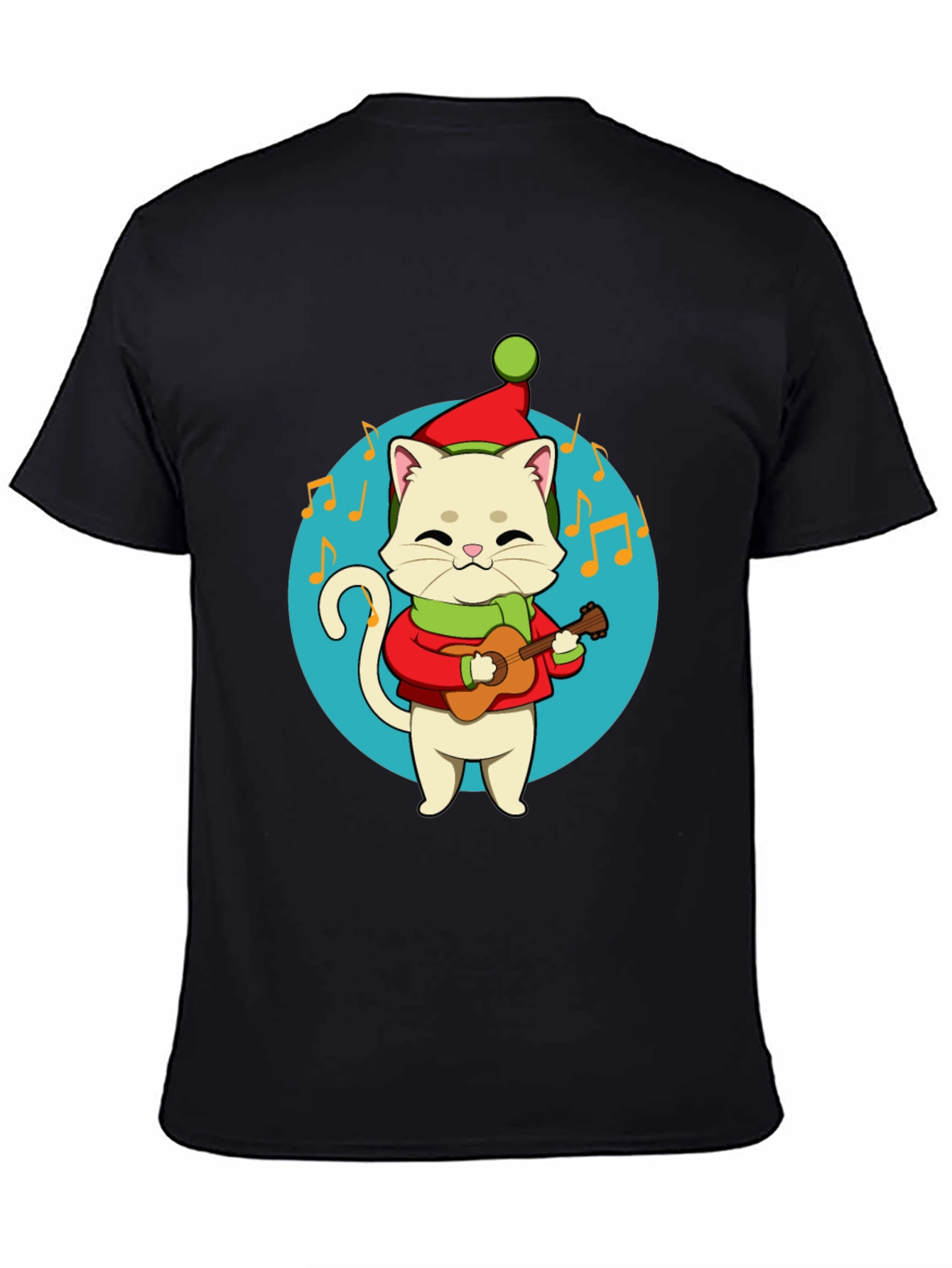 Festive Cat Guitarist Graphic Tee - Holiday Cheer!