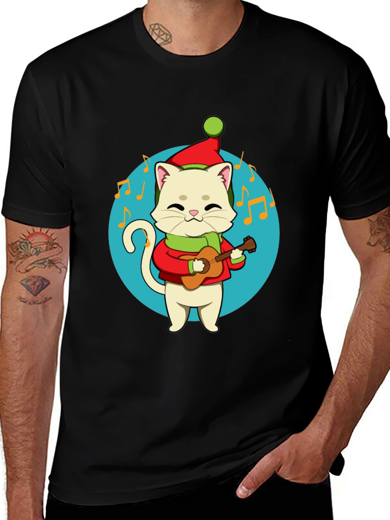 Festive Cat Guitarist Graphic Tee - Holiday Cheer!