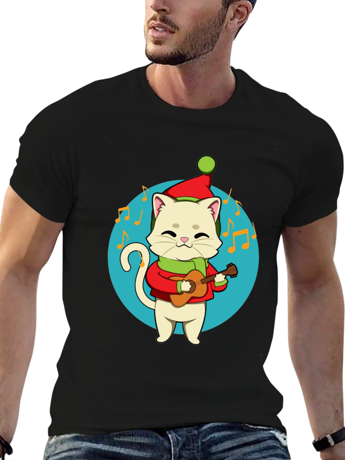 Festive Cat Guitarist Graphic Tee - Holiday Cheer!