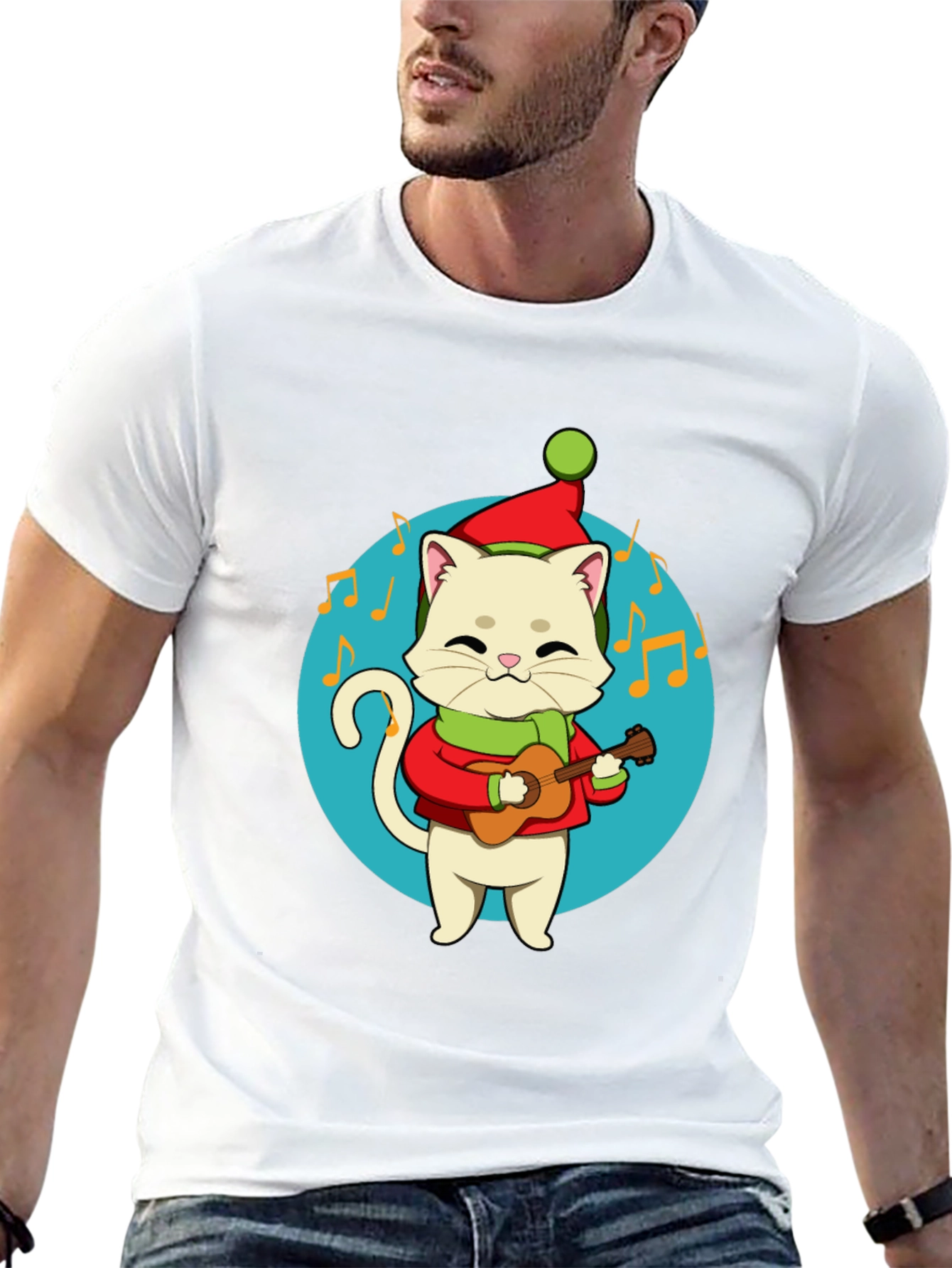 Festive Cat Guitarist Graphic Tee - Holiday Cheer!