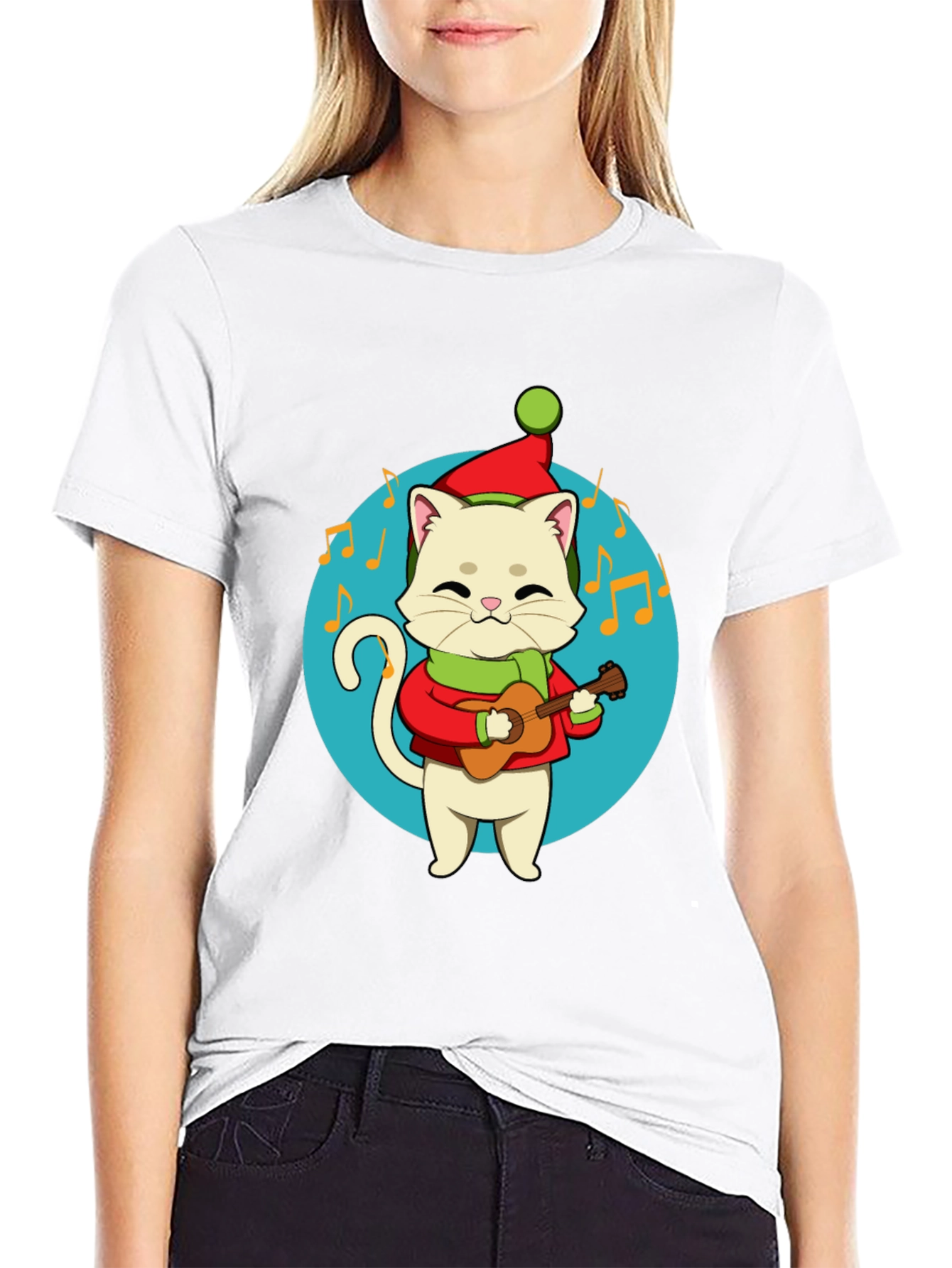 Festive Cat Guitarist Graphic Tee - Holiday Cheer!