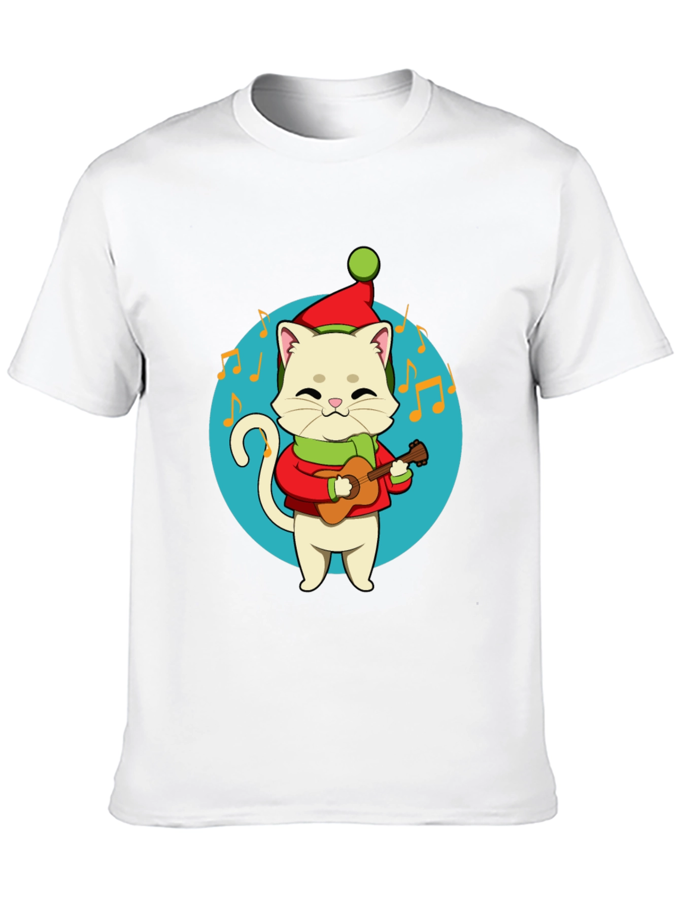 Festive Cat Guitarist Graphic Tee - Holiday Cheer!