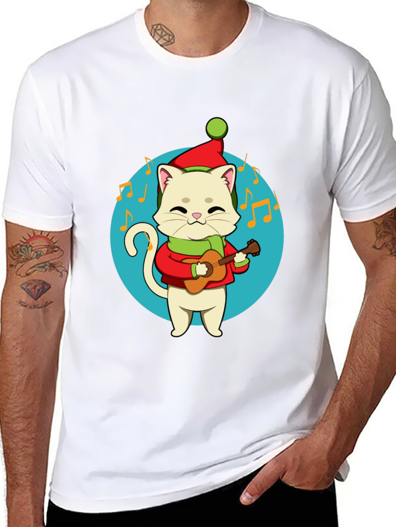 Festive Cat Guitarist Graphic Tee - Holiday Cheer!