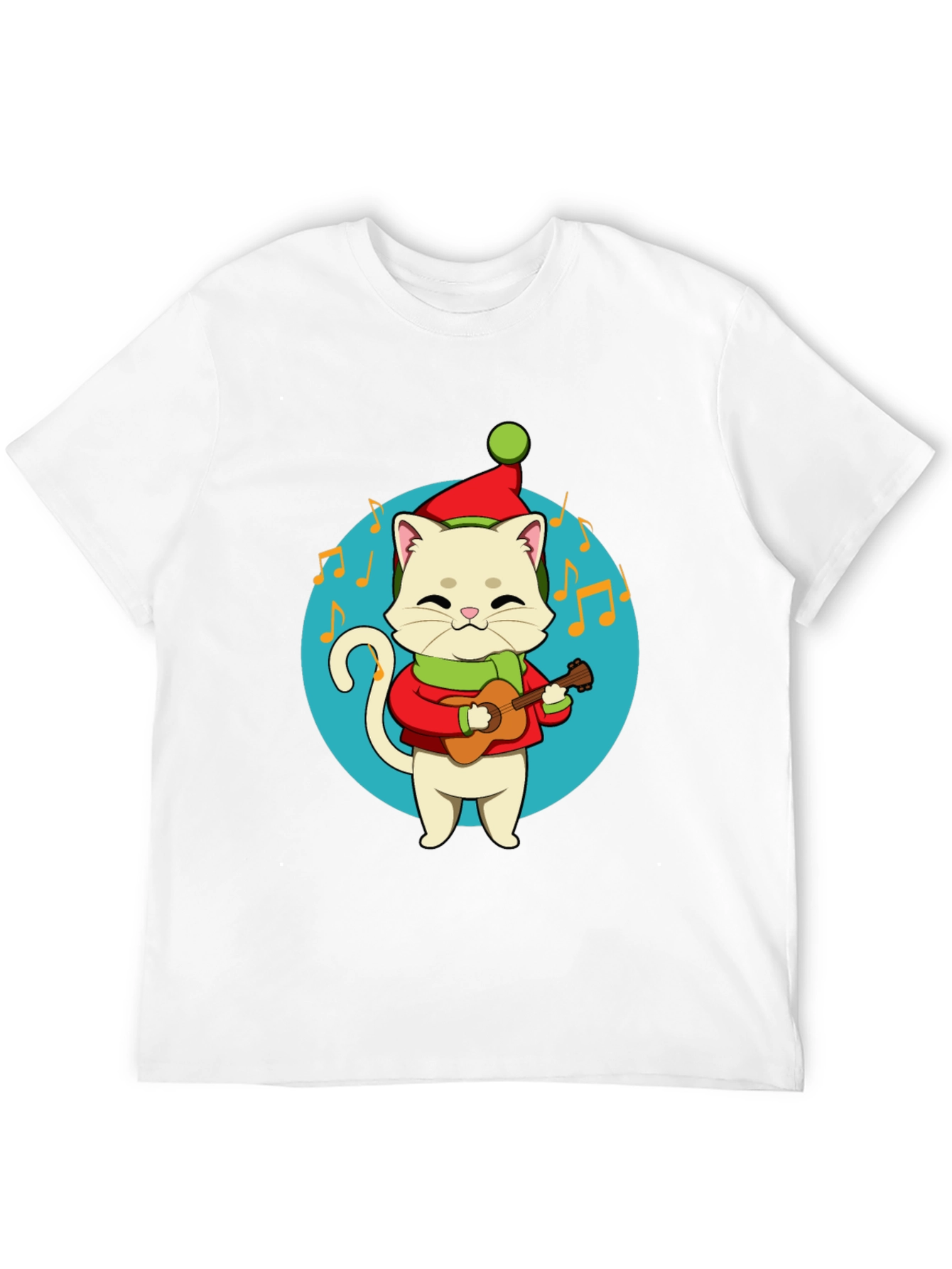 Festive Cat Guitarist Graphic Tee - Holiday Cheer!