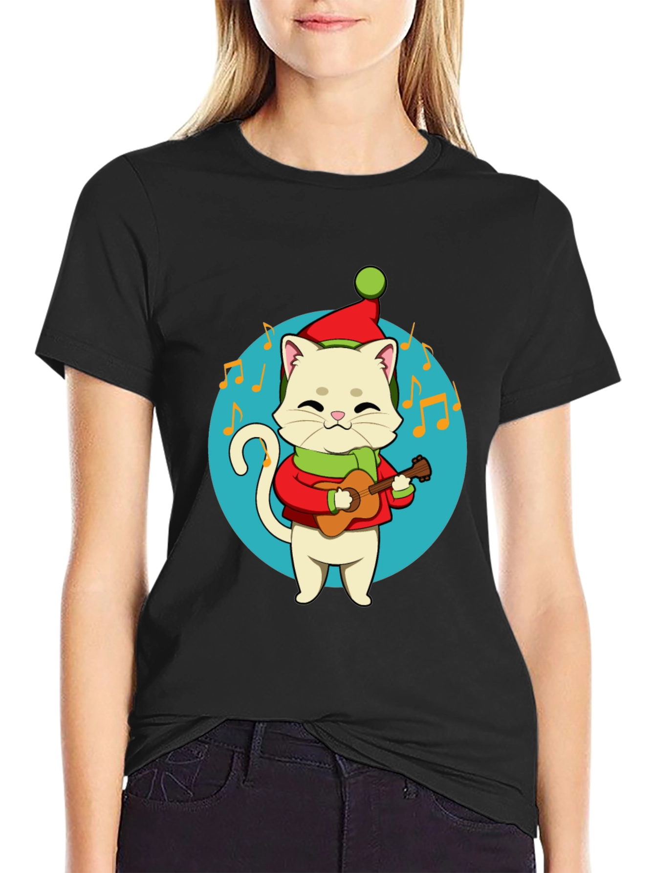 Festive Cat Guitarist Graphic Tee - Holiday Cheer!