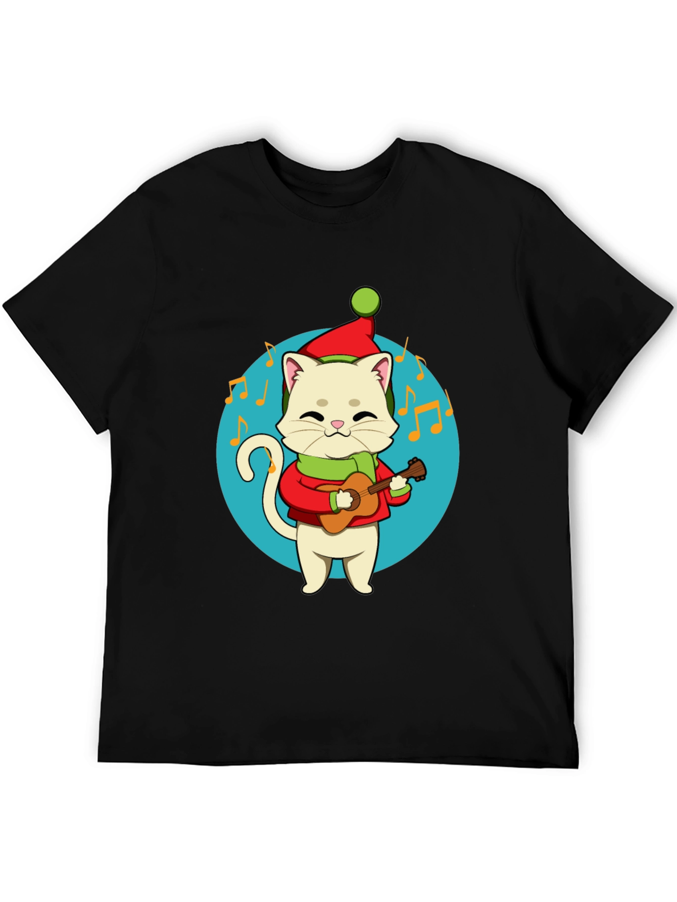 Festive Cat Guitarist Graphic Tee - Holiday Cheer!