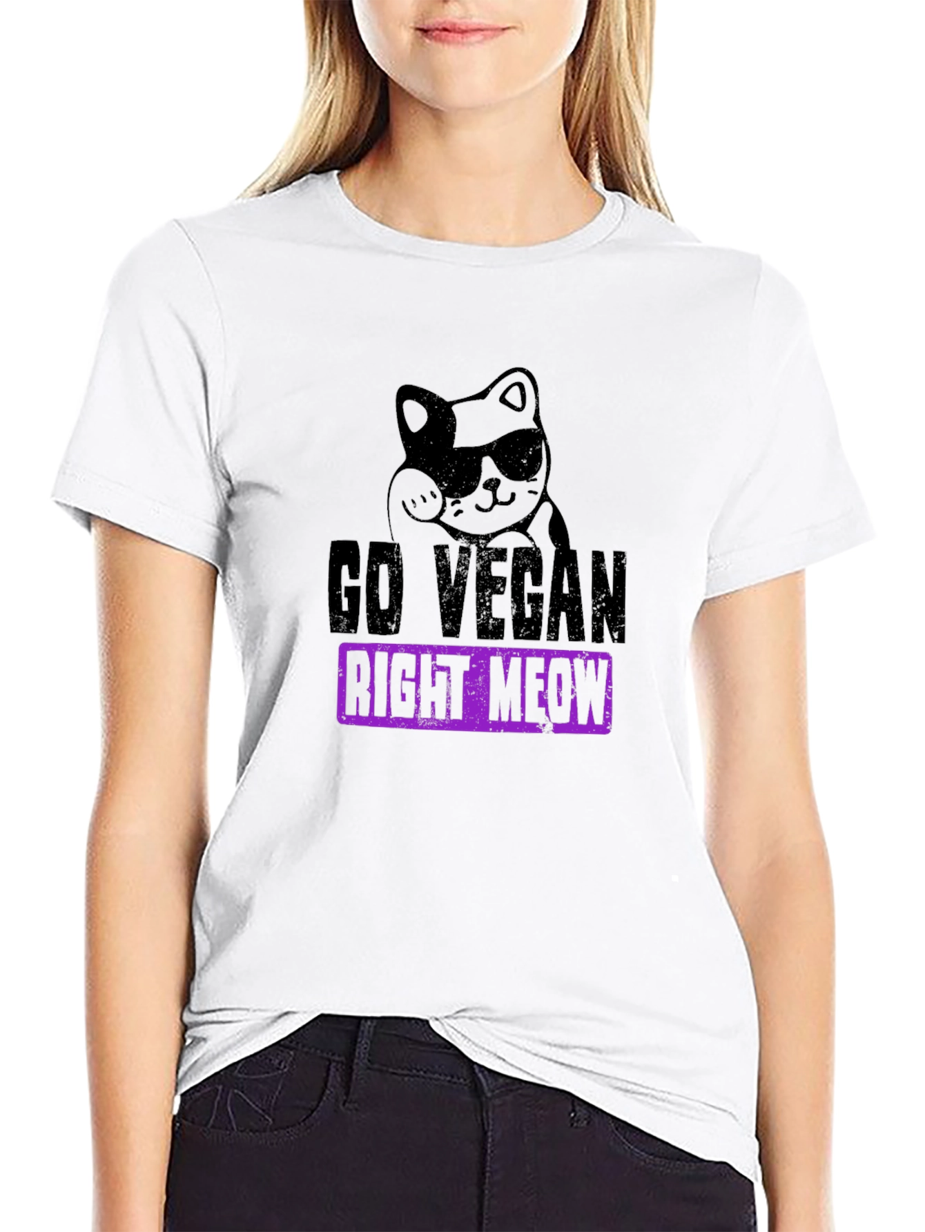 Go Vegan Right Meow T-Shirt - Cool Cat Design