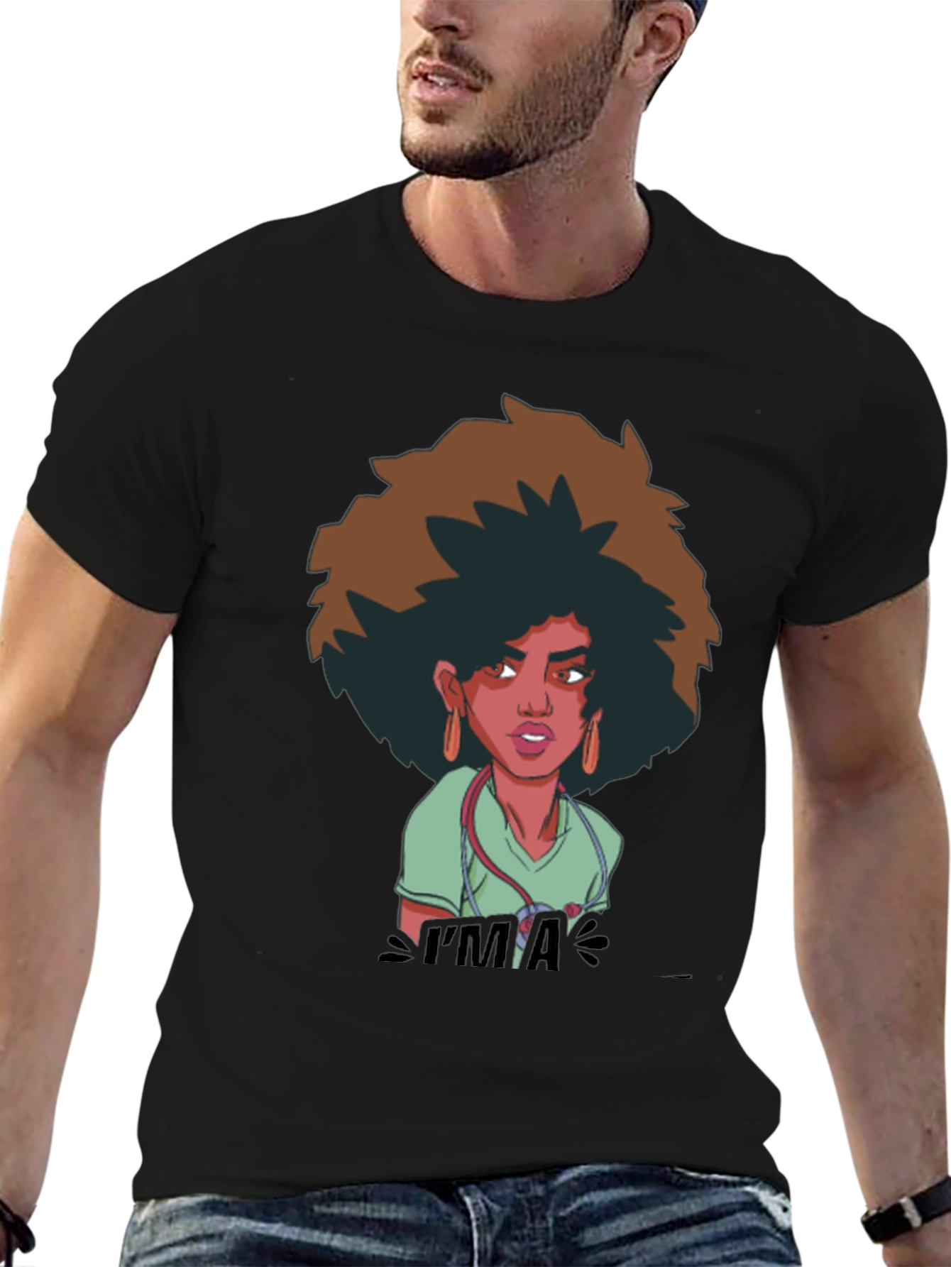 Afro Nurse Graphic Tee - Black Cotton T-Shirt