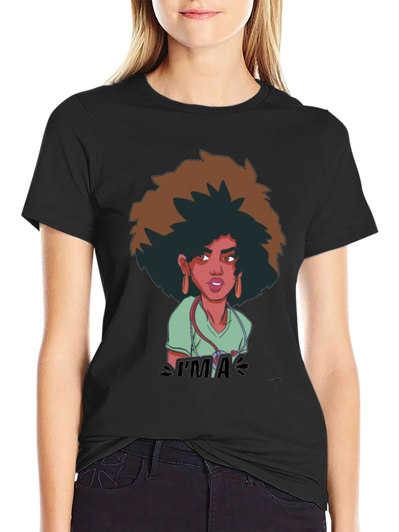 Afro Nurse Graphic Tee - Black Cotton T-Shirt