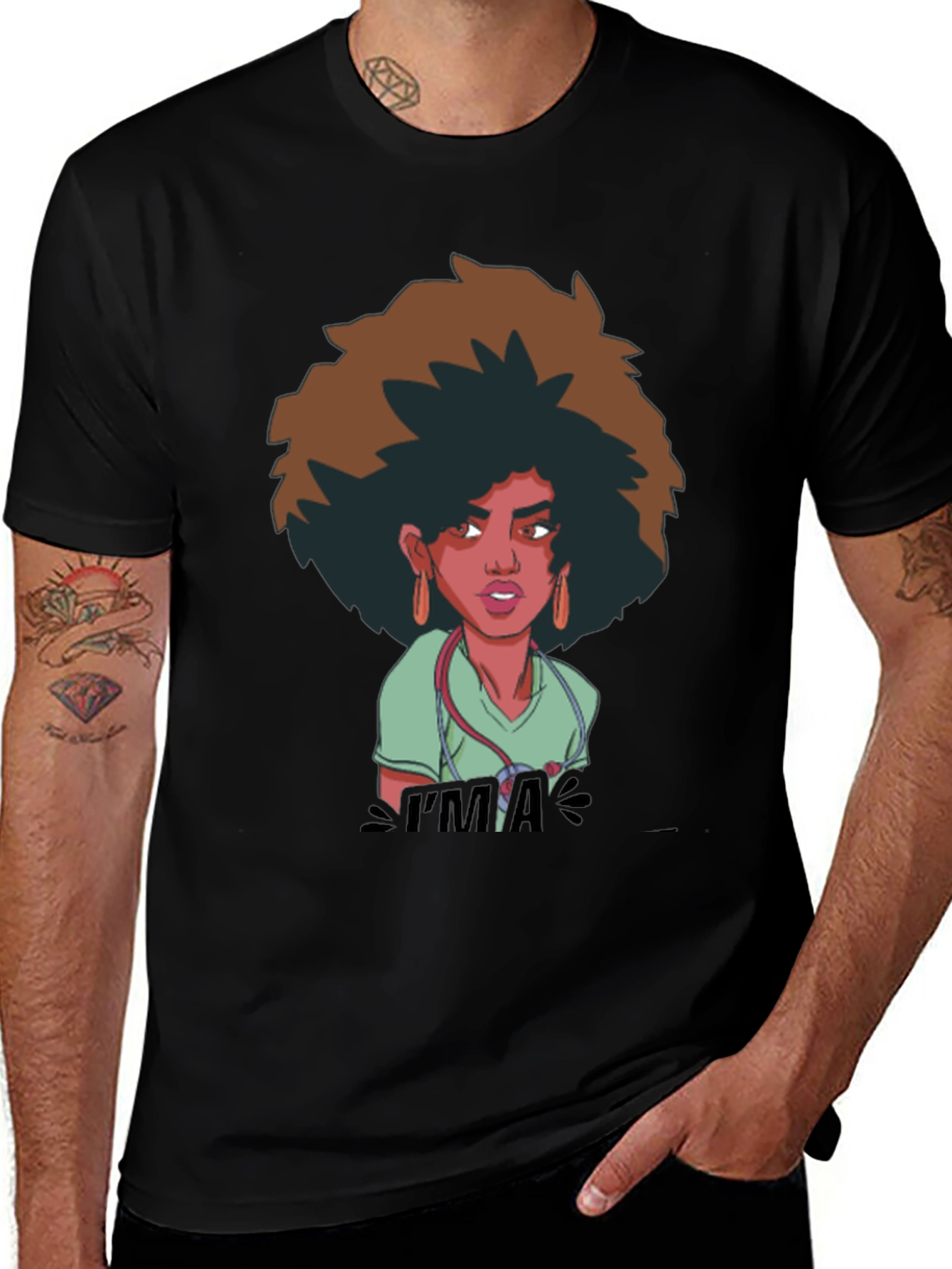 Afro Nurse Graphic Tee - Black Cotton T-Shirt