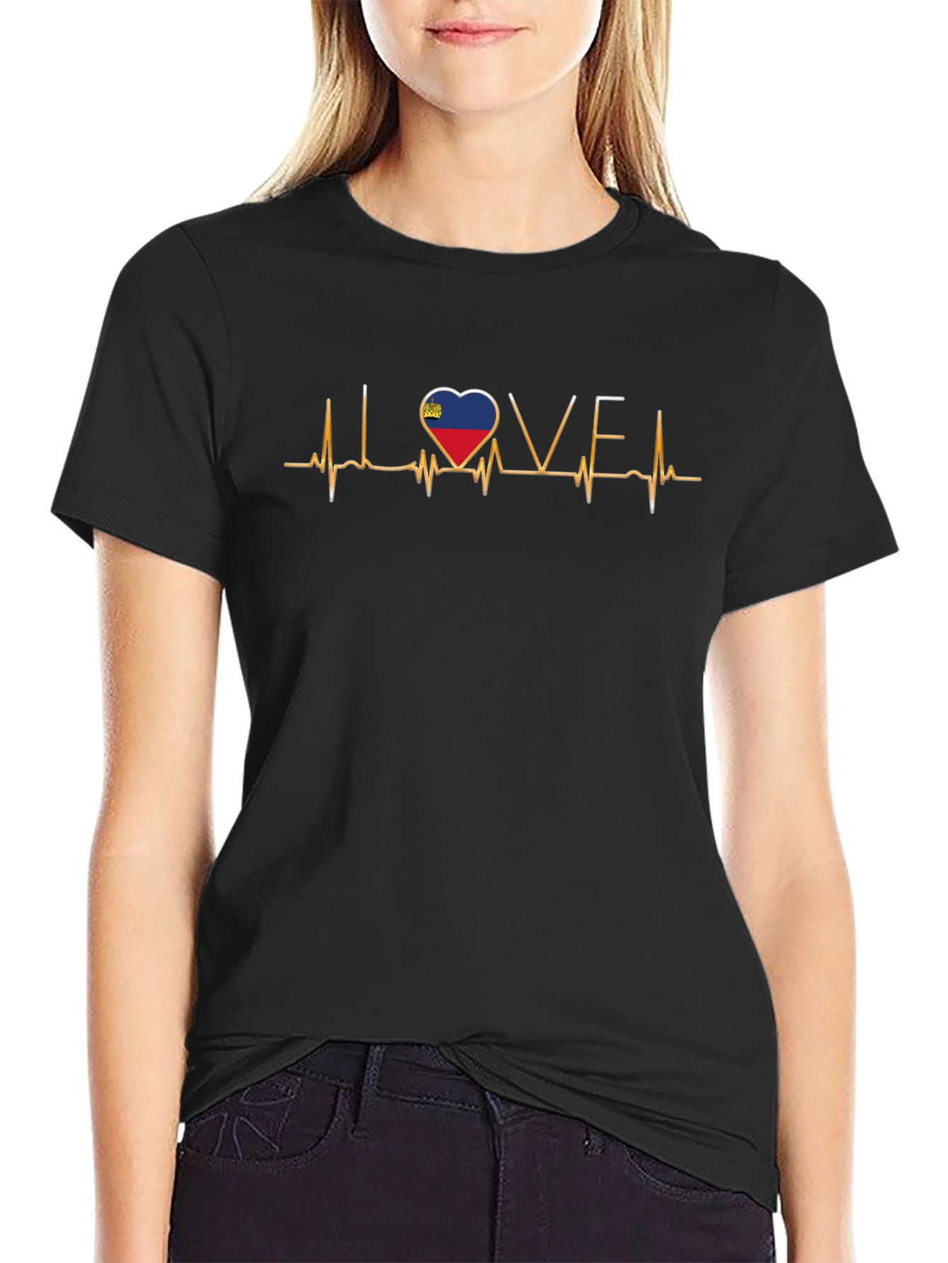 Liechtenstein Flag Heartbeat Love Black T-Shirt