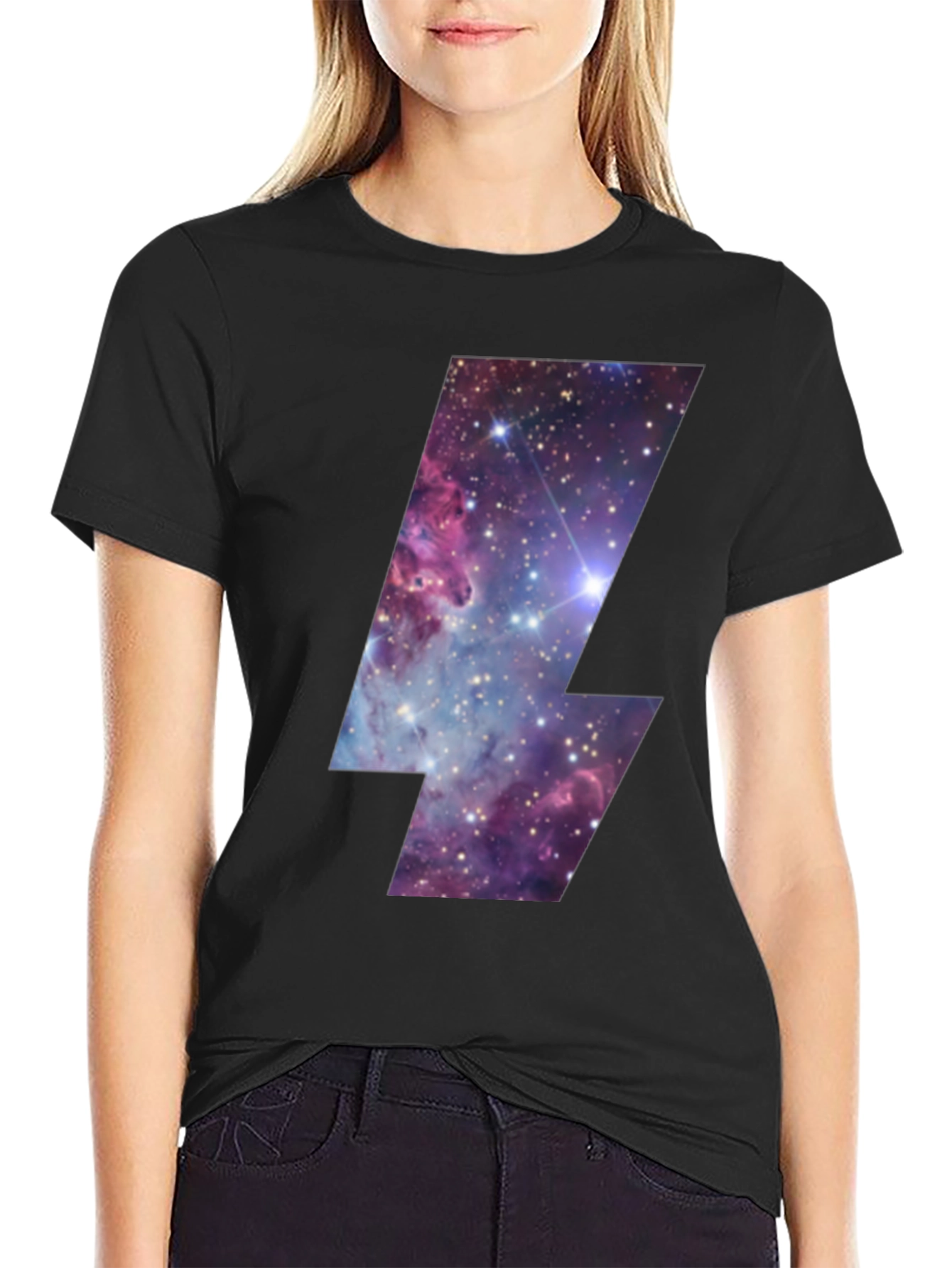 Galaxy Lightning Bolt Graphic Tee - Black Cotton T-Shirt