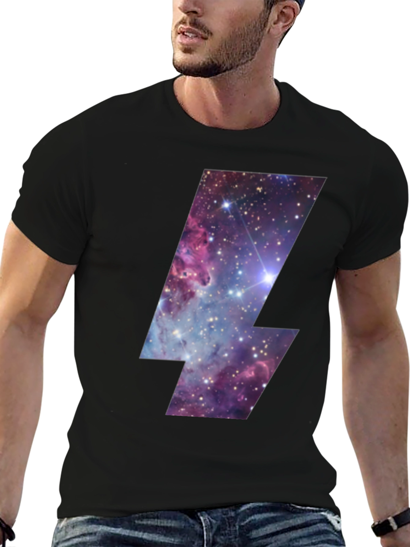 Galaxy Lightning Bolt Graphic Tee - Black Cotton T-Shirt